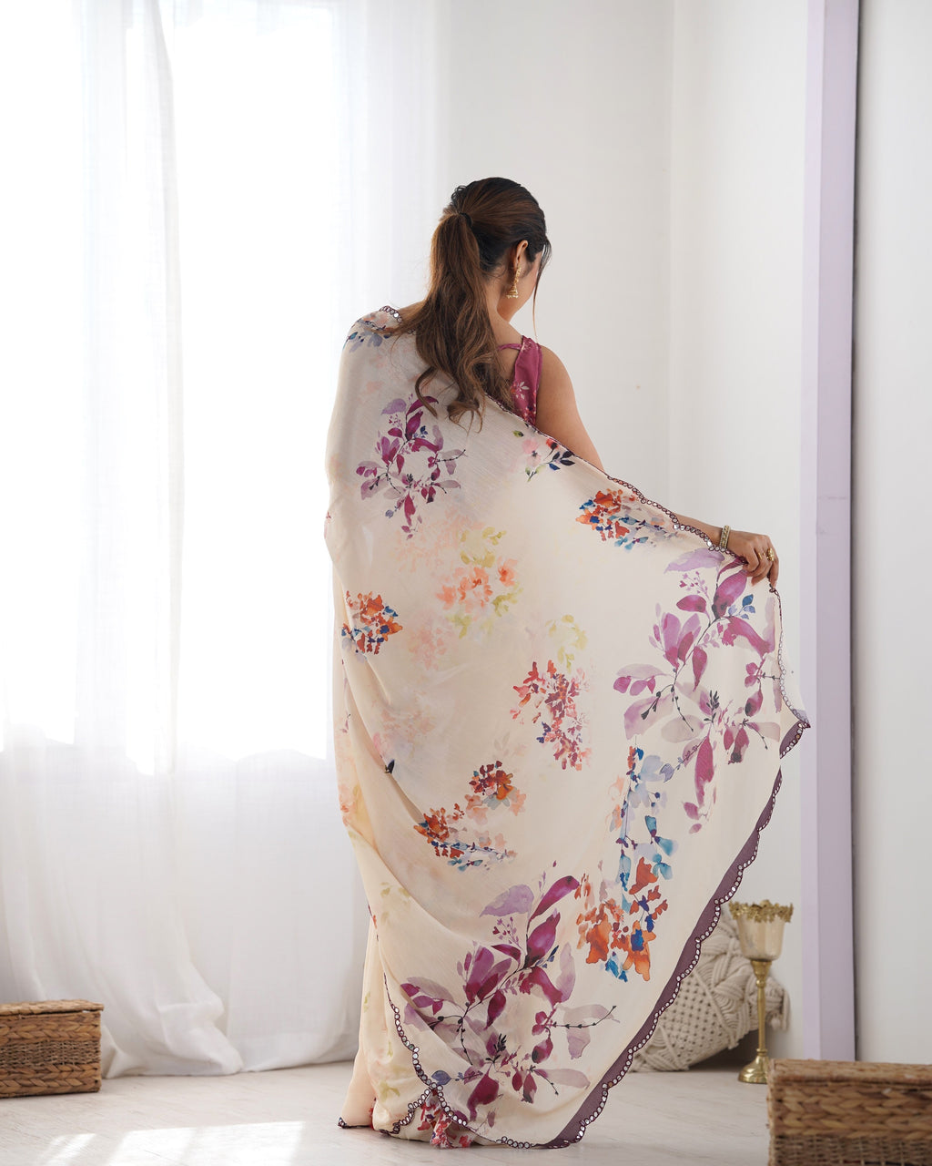 Jyoti Fashion Women's Off White Chinon Print with Mirror Work Designer Saree with Blouse