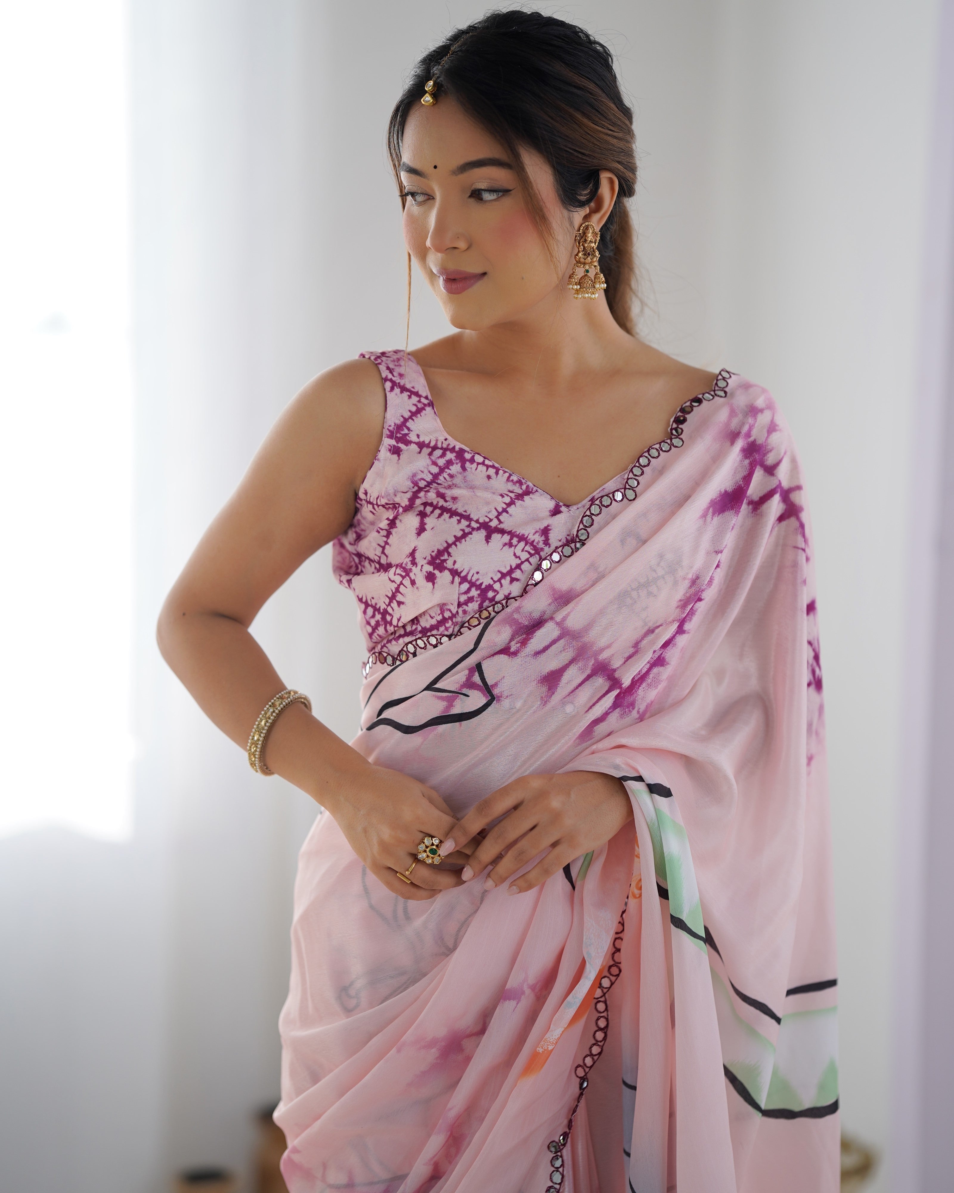 Jyoti Fashion Women's Peach Chinon Print with Mirror Work Designer Saree with Blouse