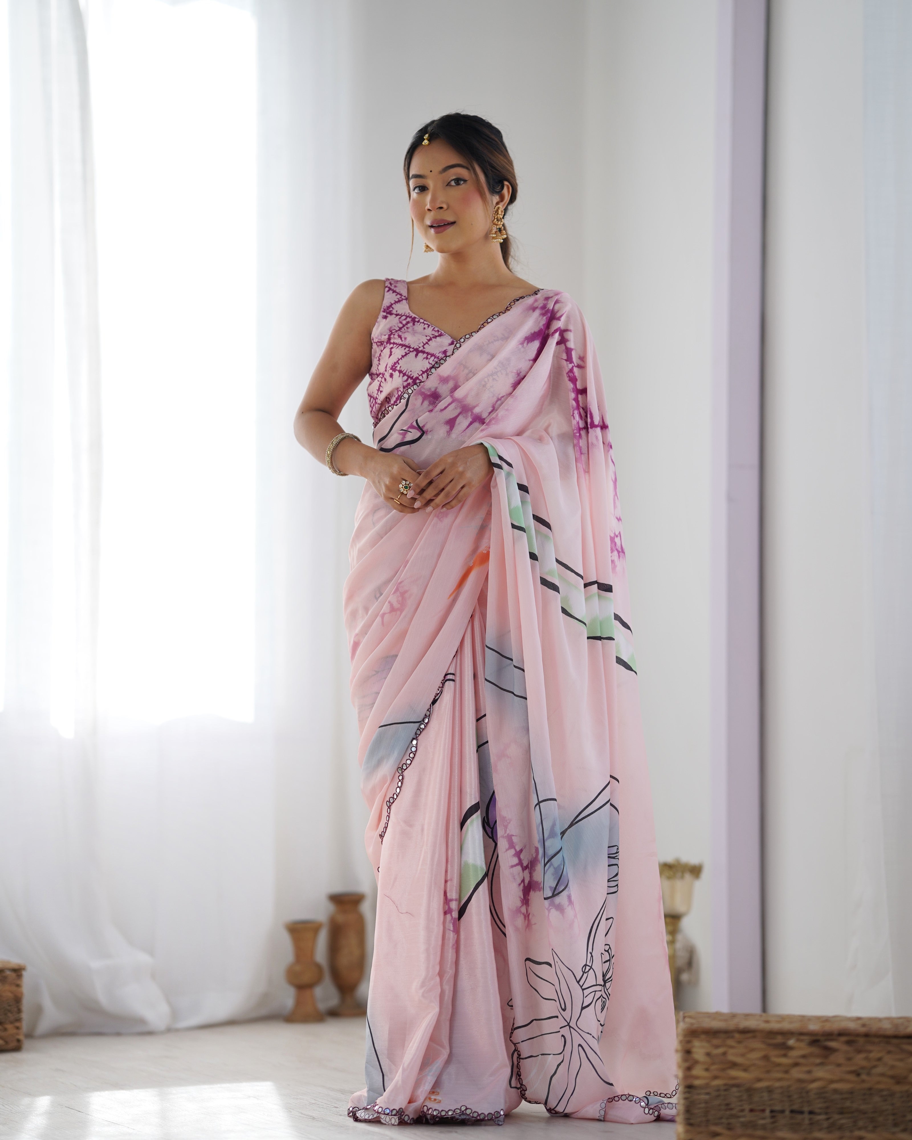 Jyoti Fashion Women's Peach Chinon Print with Mirror Work Designer Saree with Blouse