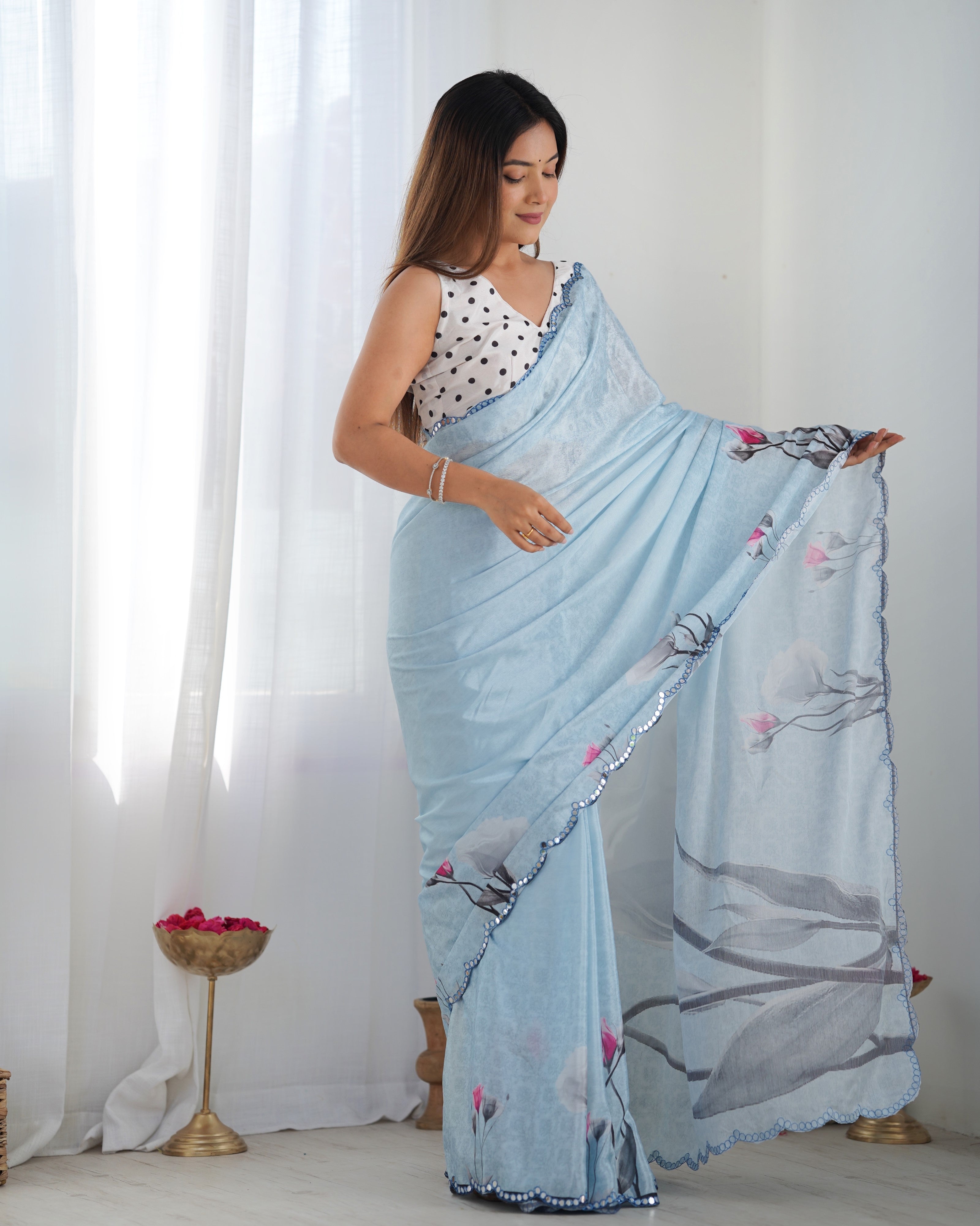 Women's Sky Blue Chinon Printed Saree with Mirror Work and Blouse