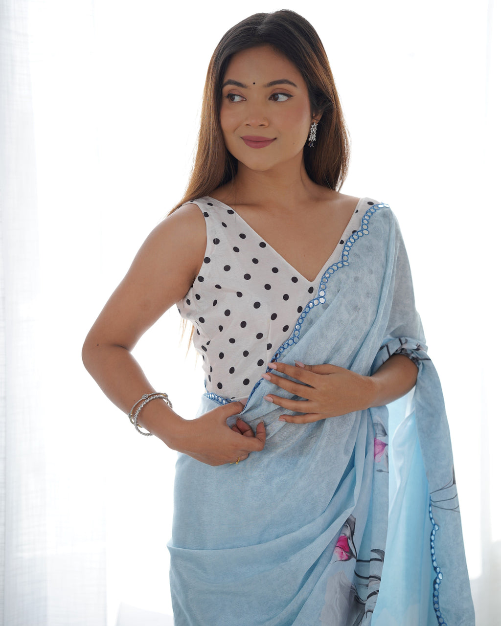 Women's Sky Blue Chinon Printed Saree with Mirror Work and Blouse
