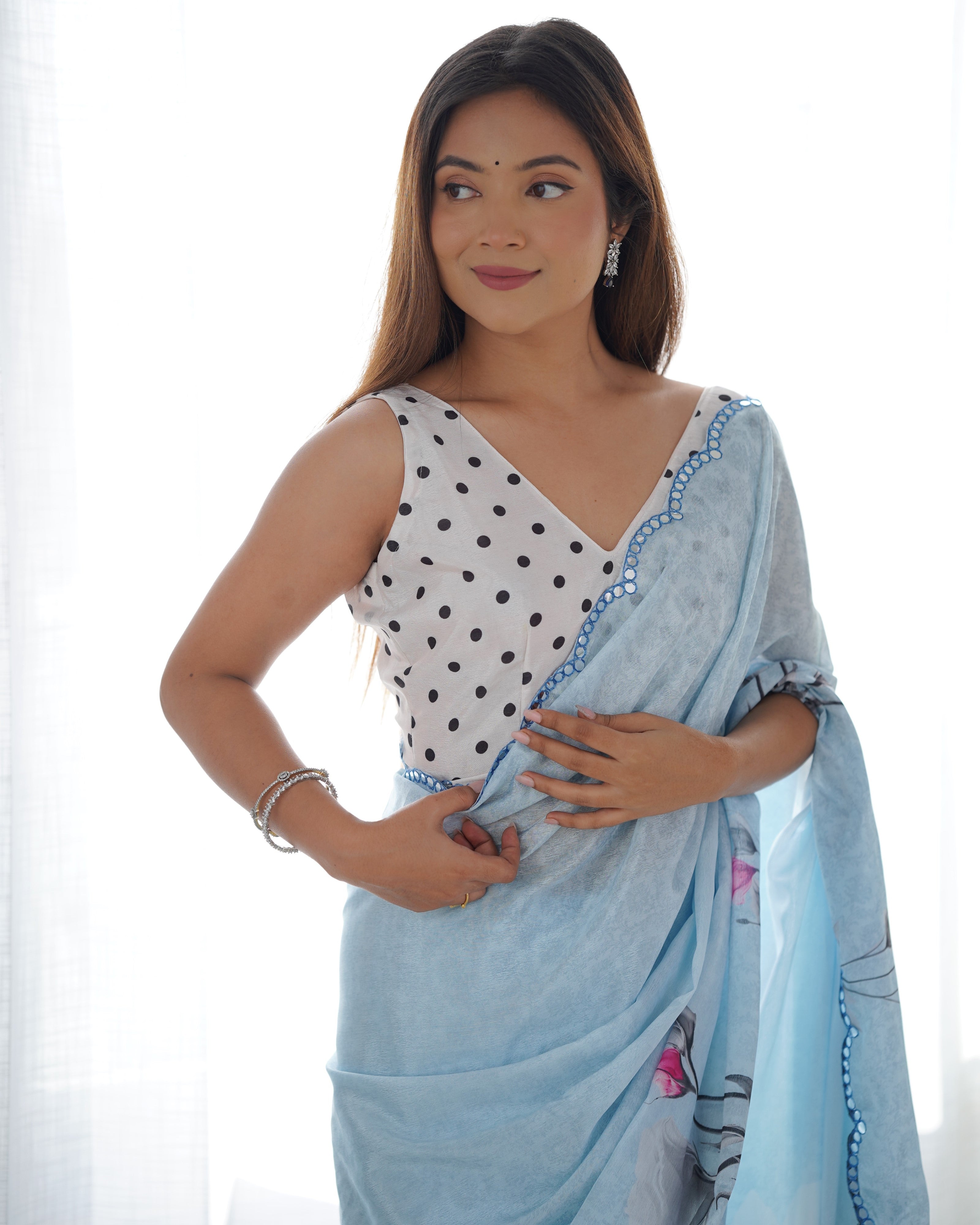 Women's Sky Blue Chinon Printed Saree with Mirror Work and Blouse