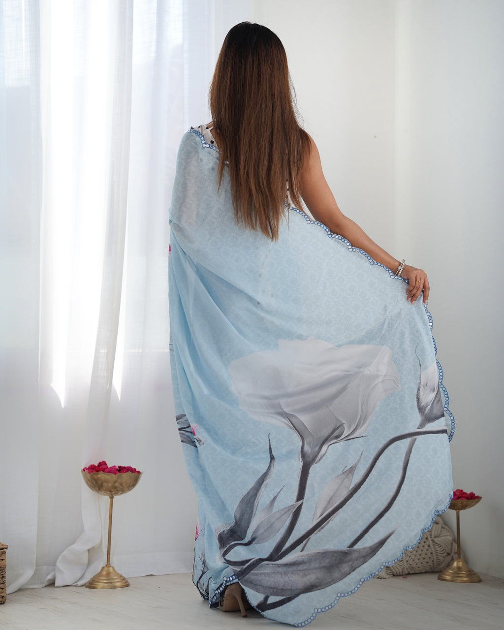 Women's Sky Blue Chinon Printed Saree with Mirror Work and Blouse