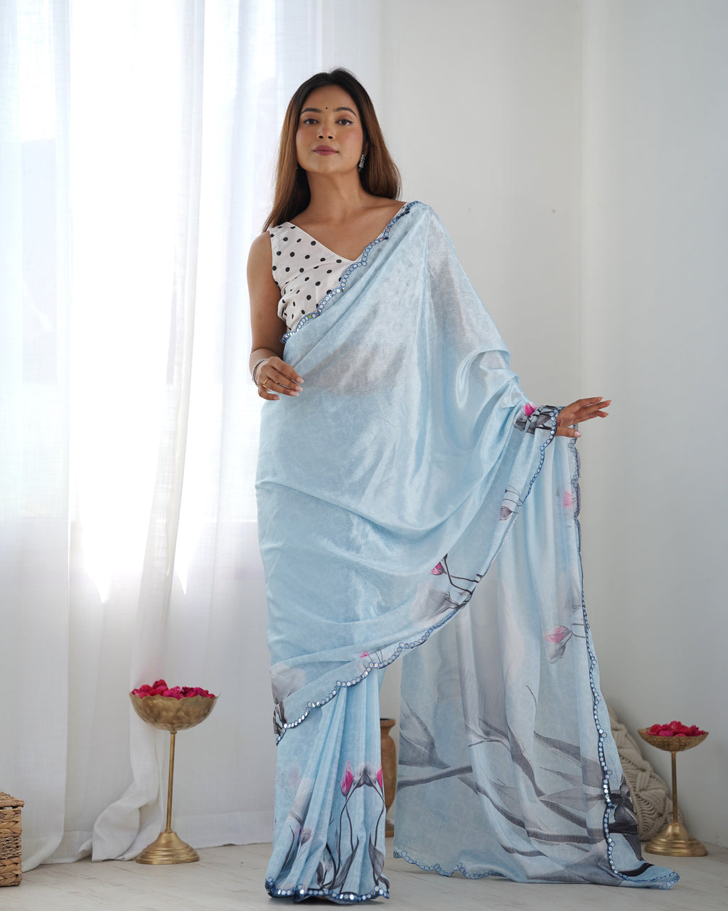 Sky blue Chinon printed designer saree with mirror work and unstitched blouse