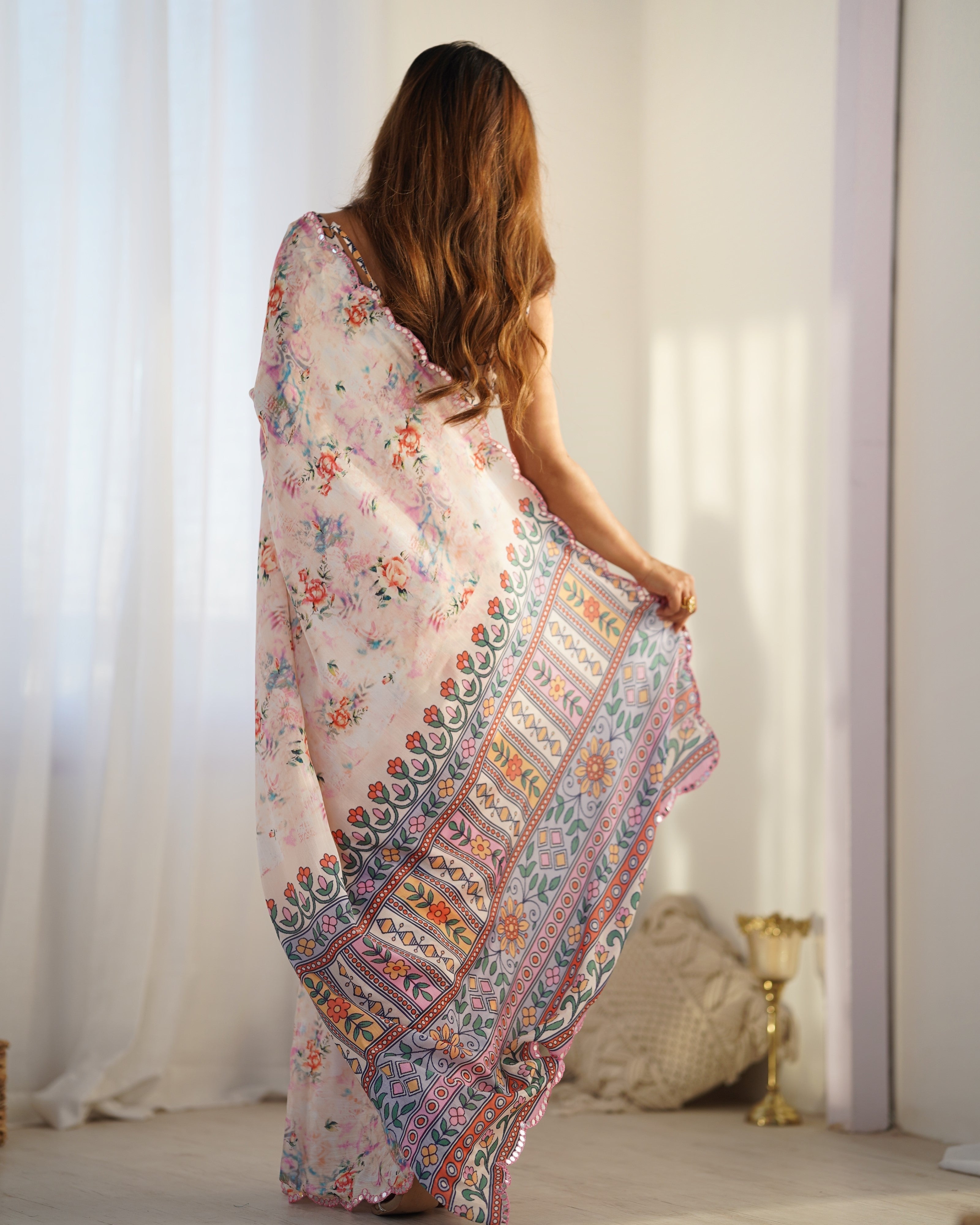 Jyoti Fashion Women's Peach Chinon Print with Mirror Work Designer Saree with Blouse