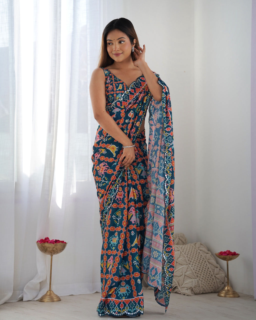 Jyoti Fashion Women's Teal Chinon Print with Mirror Work Designer Saree with Blouse