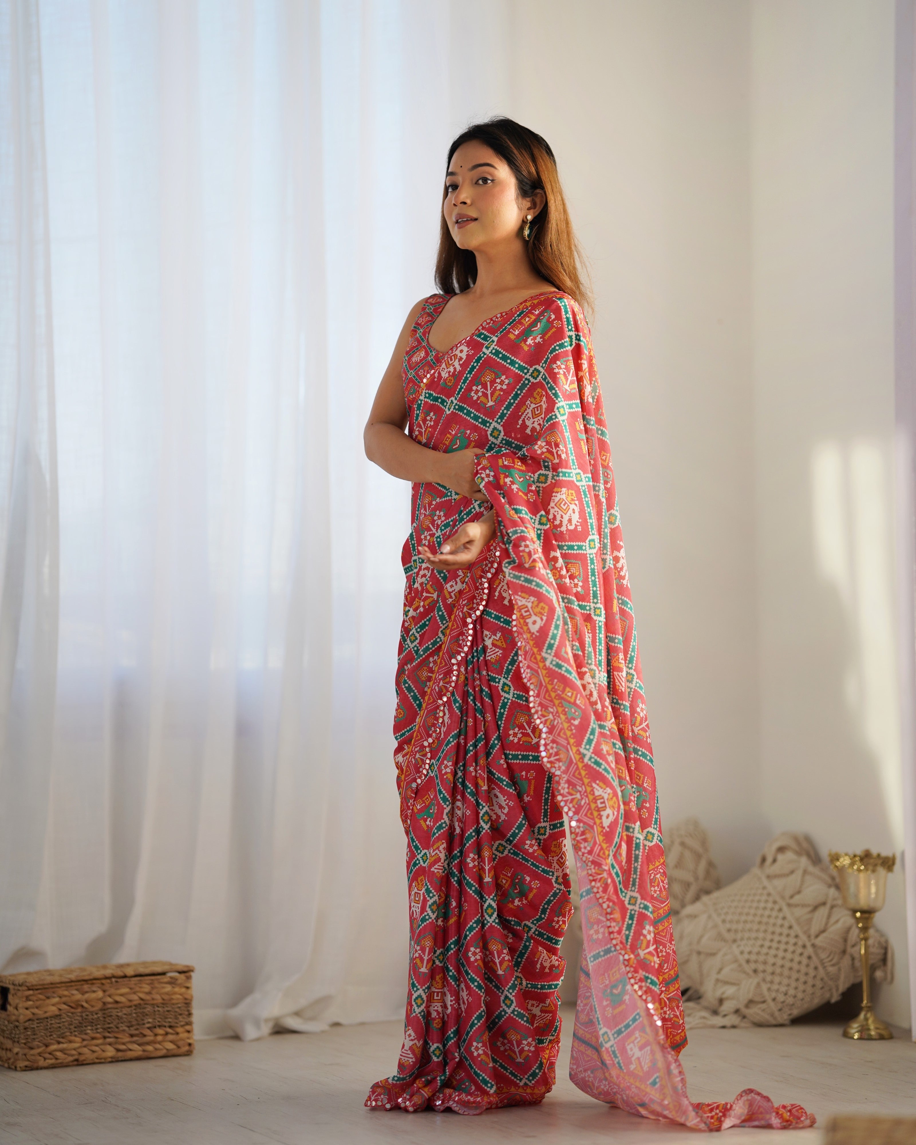 Maroon Chinon Designer Saree with Mirror Work and Unstitched Blouse