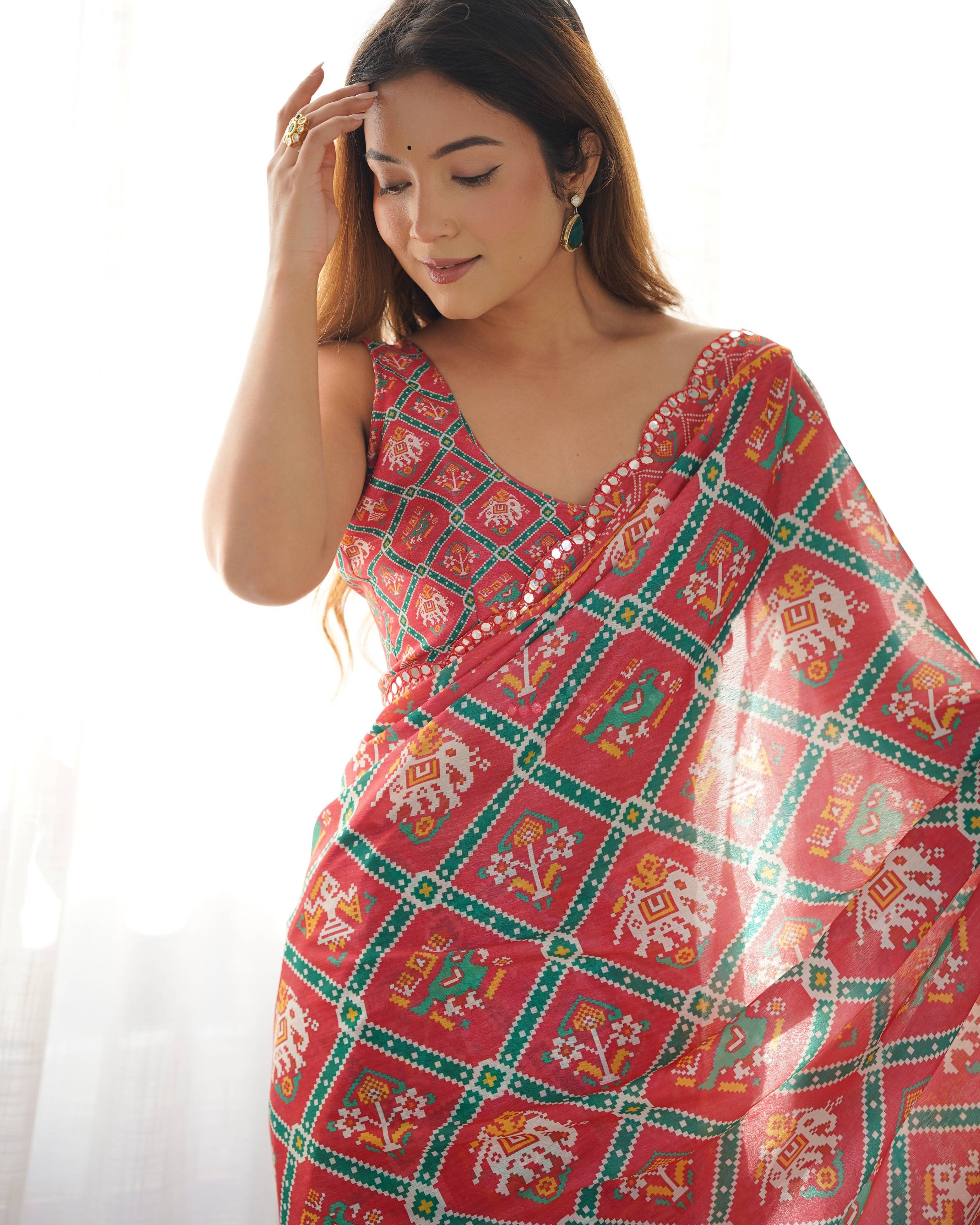 Maroon Chinon Designer Saree with Mirror Work and Unstitched Blouse
