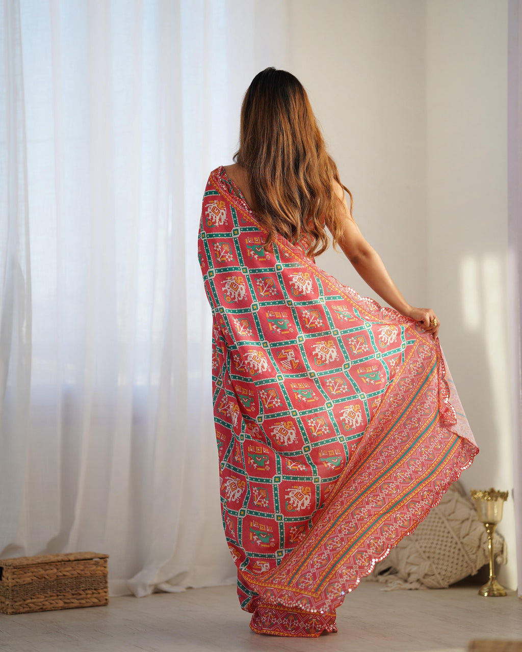 Maroon Chinon Designer Saree with Mirror Work and Unstitched Blouse