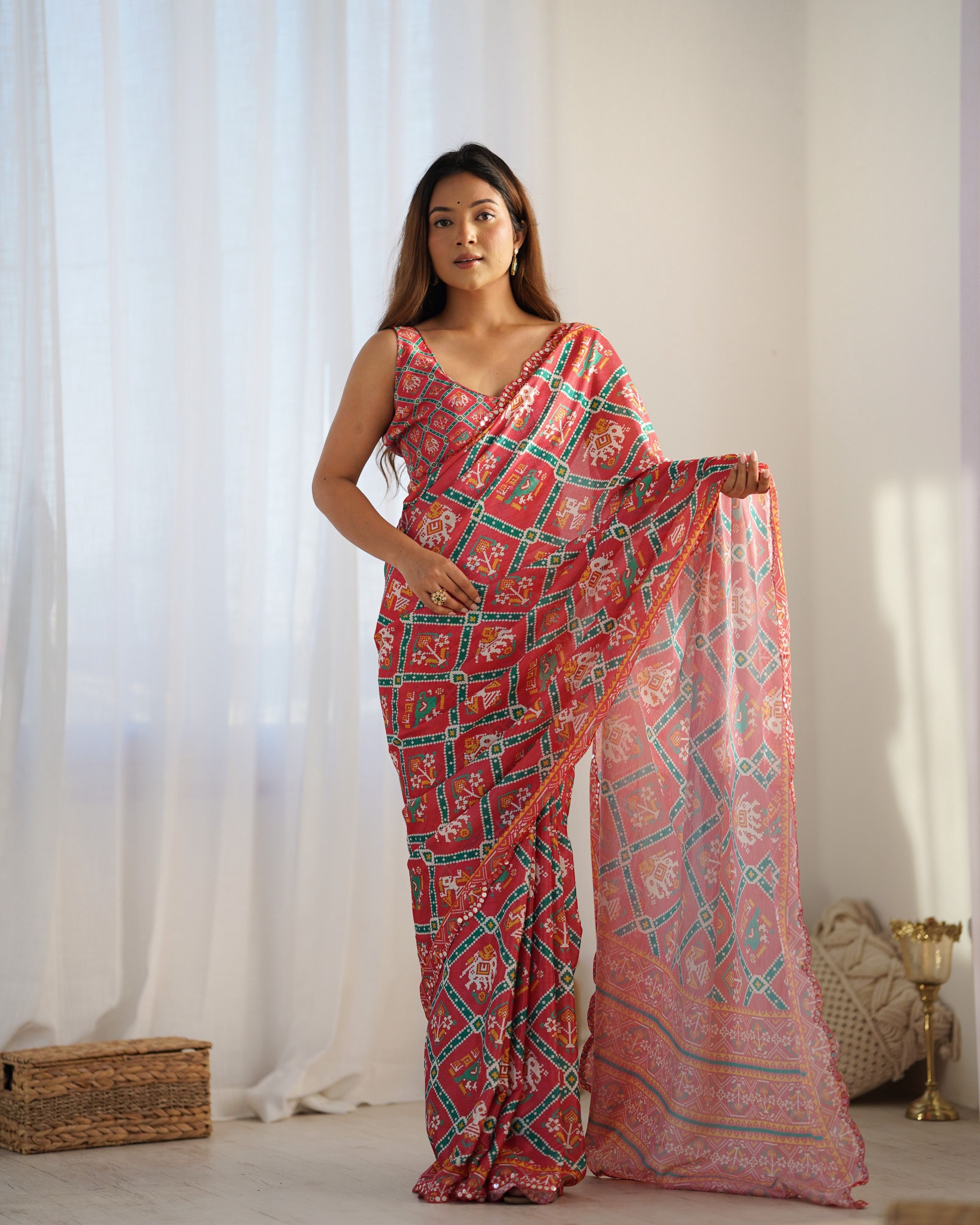 Maroon Chinon designer saree with mirror work and printed details