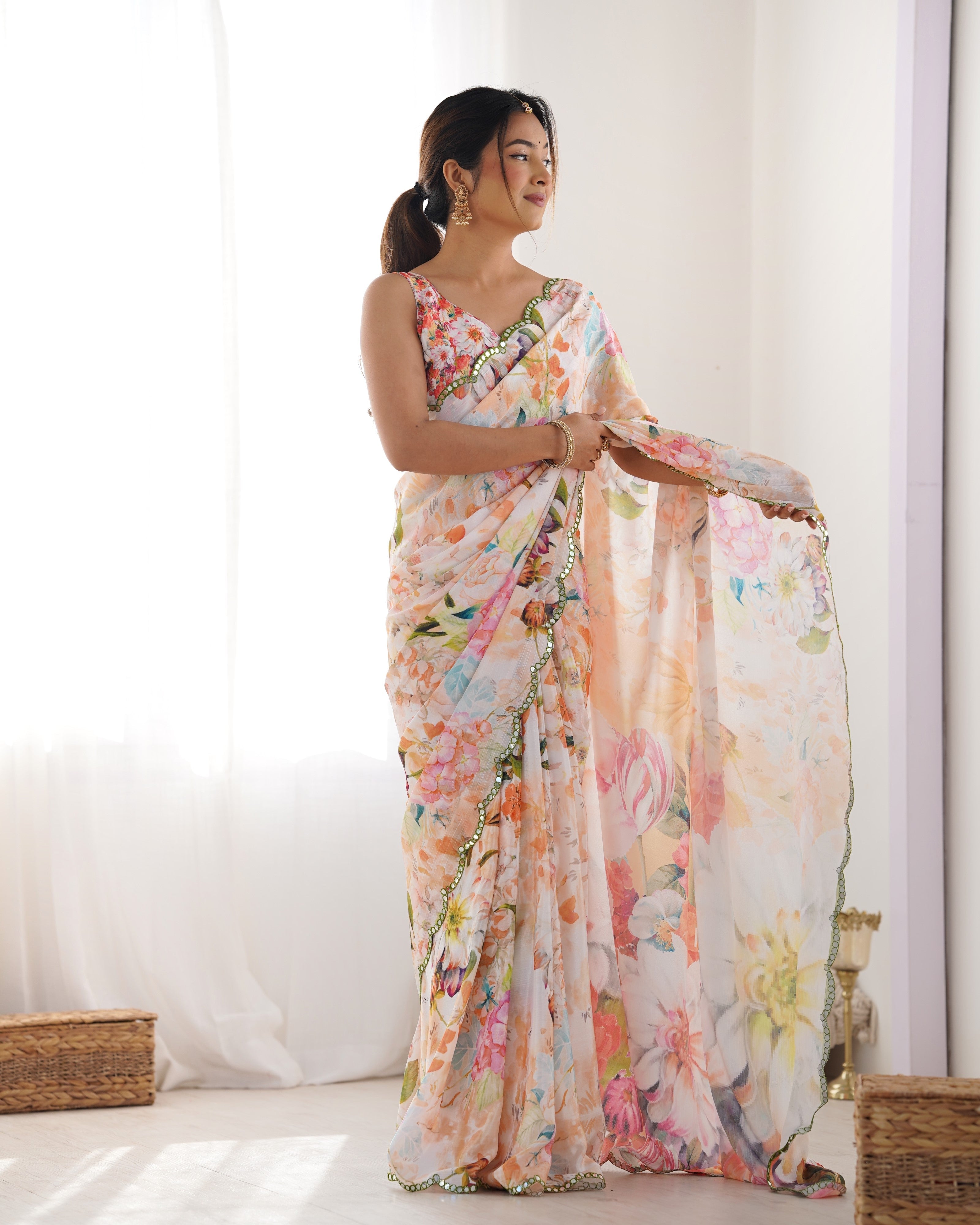 Jyoti Fashion Women's Multicolor Chinon Print with Mirror Work Designer Saree with Blouse