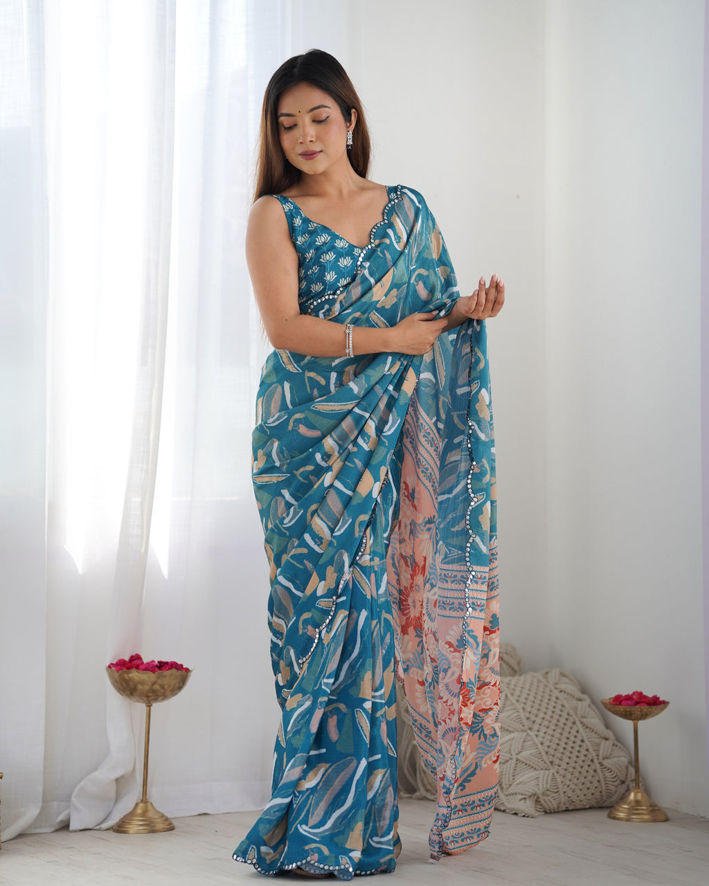 Women's Blue Chinon Printed Saree with Mirror Work Detail