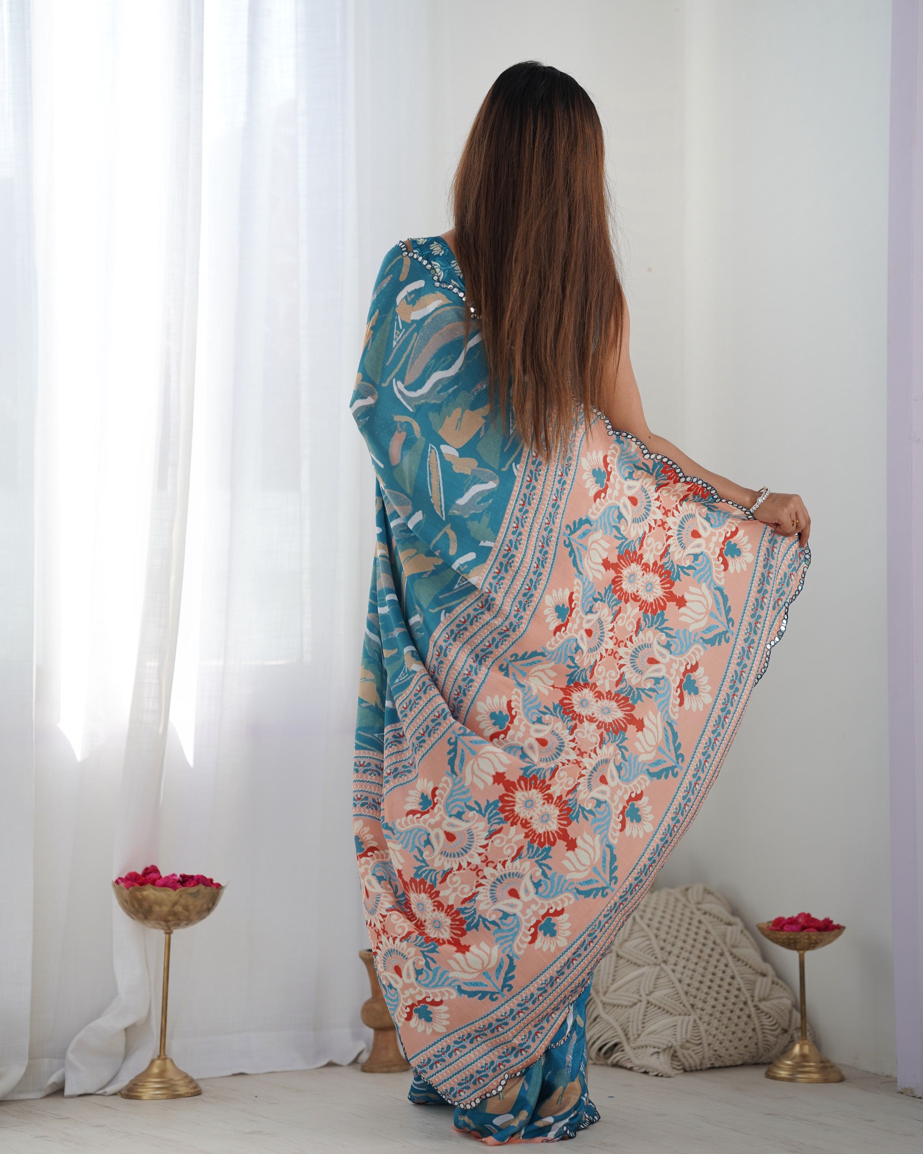Women's Blue Chinon Printed Saree with Mirror Work Detail