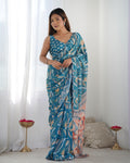 Blue Chinon print saree with mirror work and unstitched matching blouse