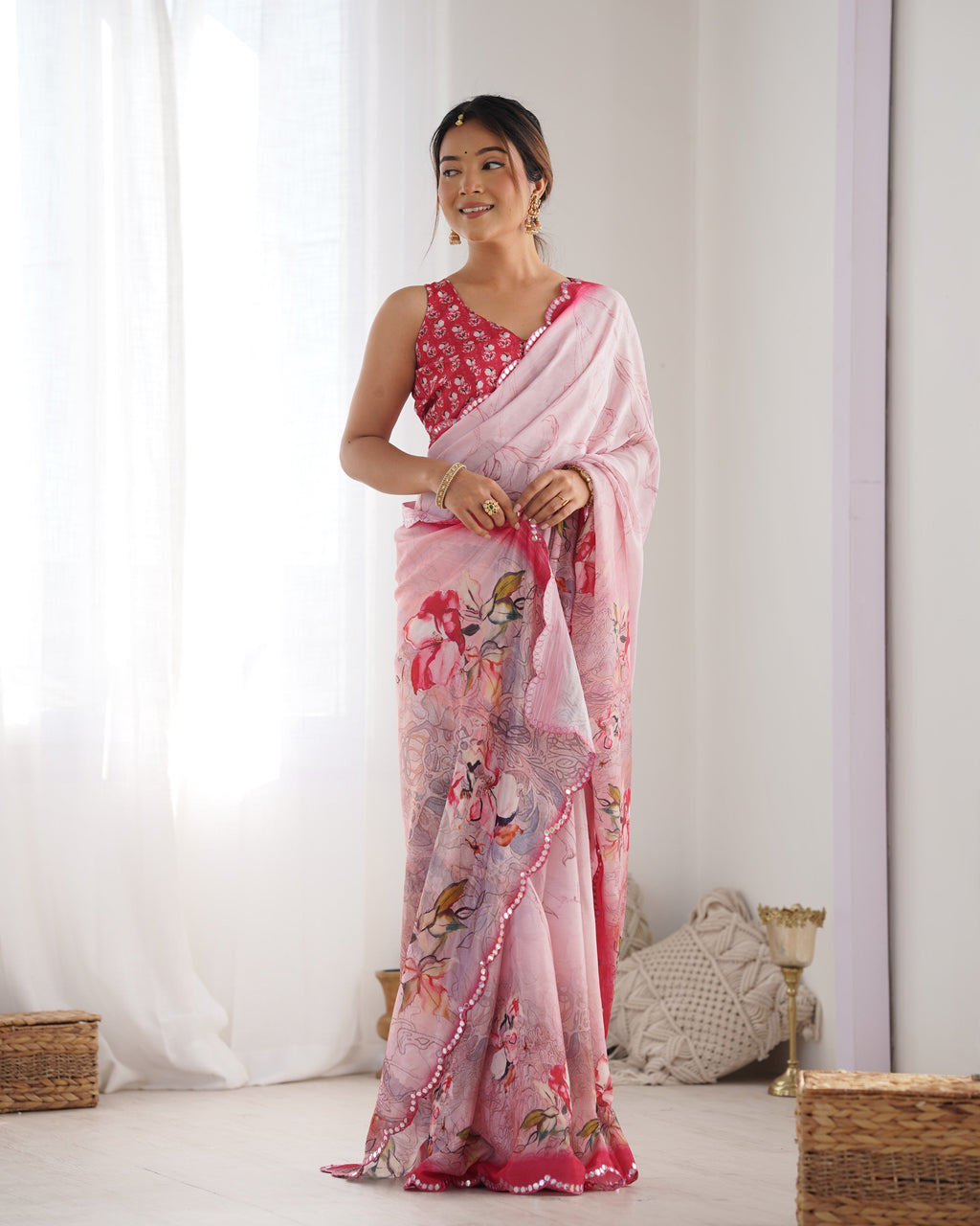 Women's Pink Chinon Printed Saree with Elegant Mirror Work