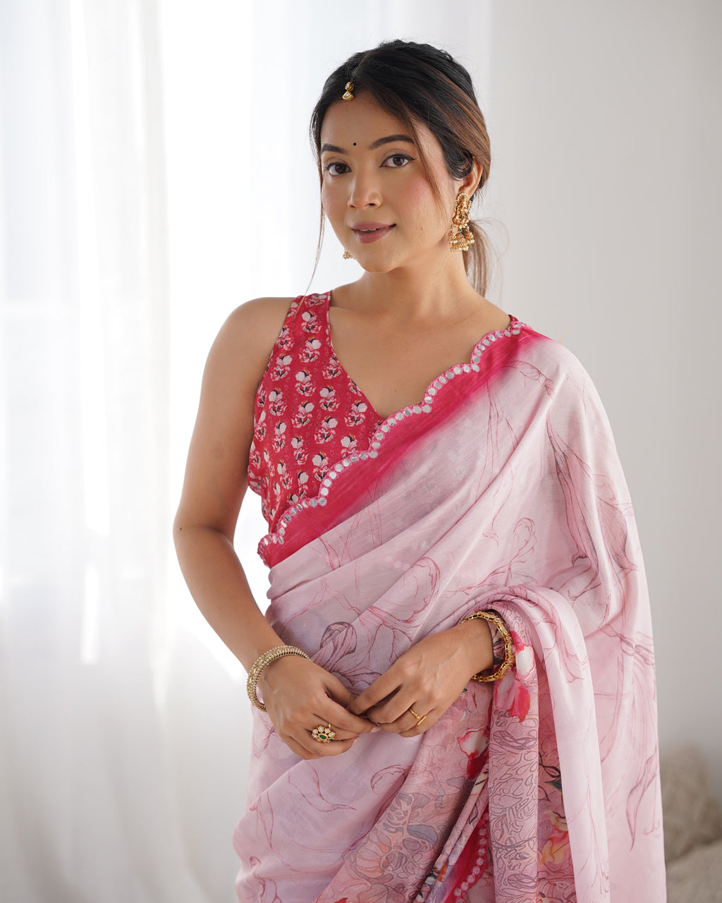 Women's Pink Chinon Printed Saree with Elegant Mirror Work