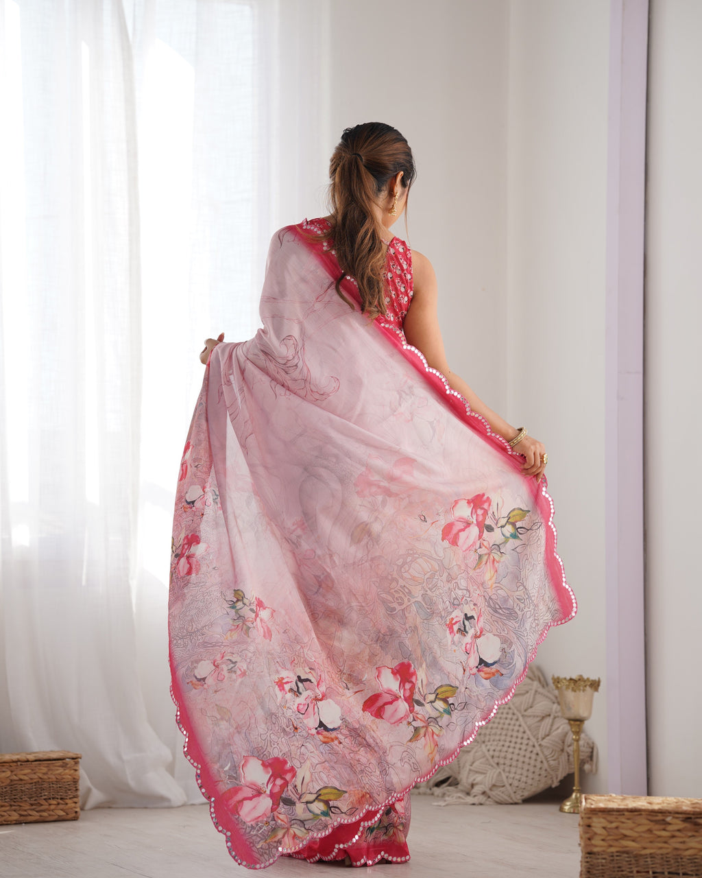 Women's Pink Chinon Printed Saree with Elegant Mirror Work