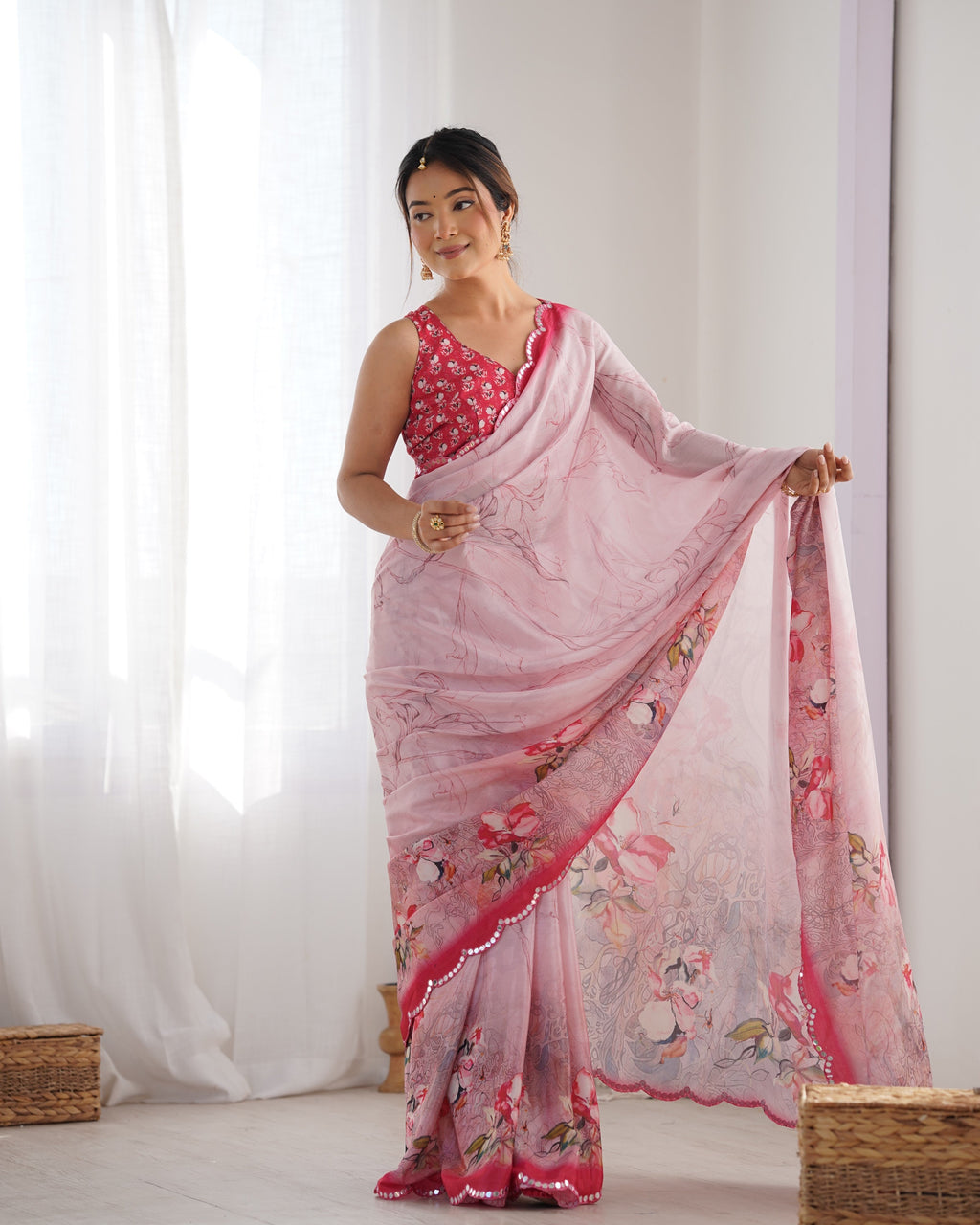 Jyoti Fashion pink Chinon saree with mirror work and print with matching unstitched blouse
