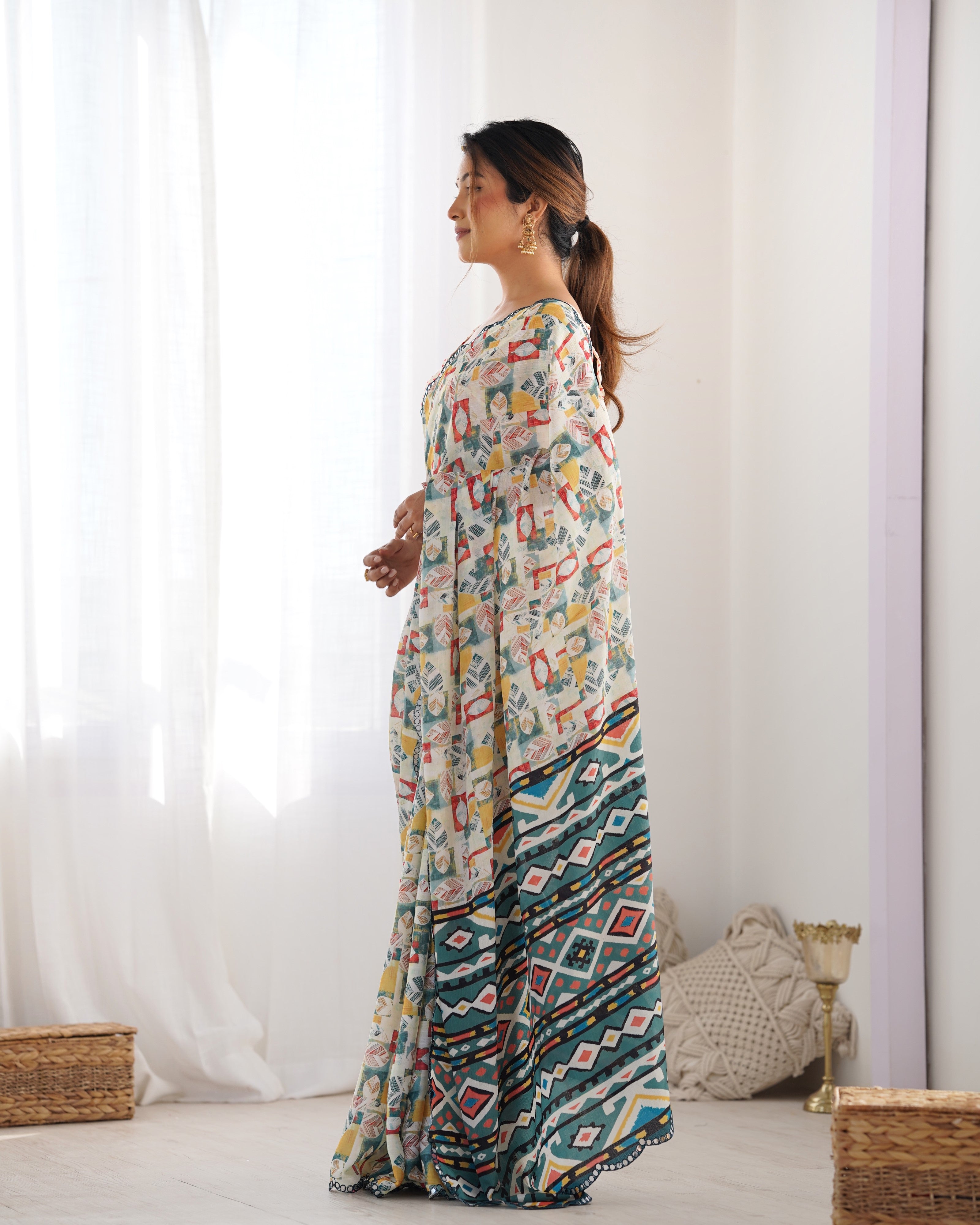Jyoti Fashion Women's Multicolor Chinon Print with Mirror Work Designer Saree with Blouse