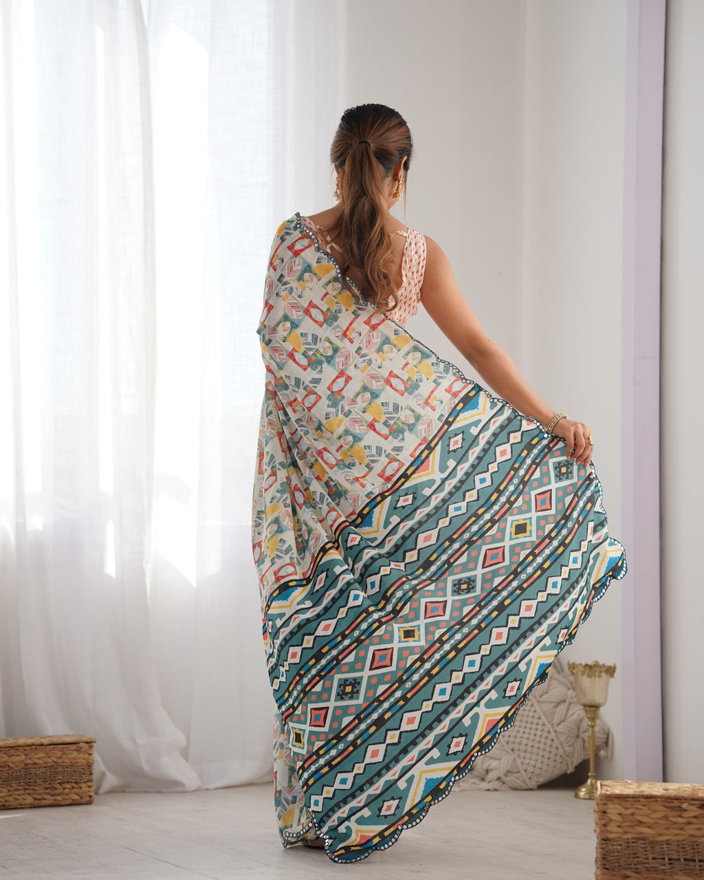 Jyoti Fashion Women's Multicolor Chinon Print with Mirror Work Designer Saree with Blouse