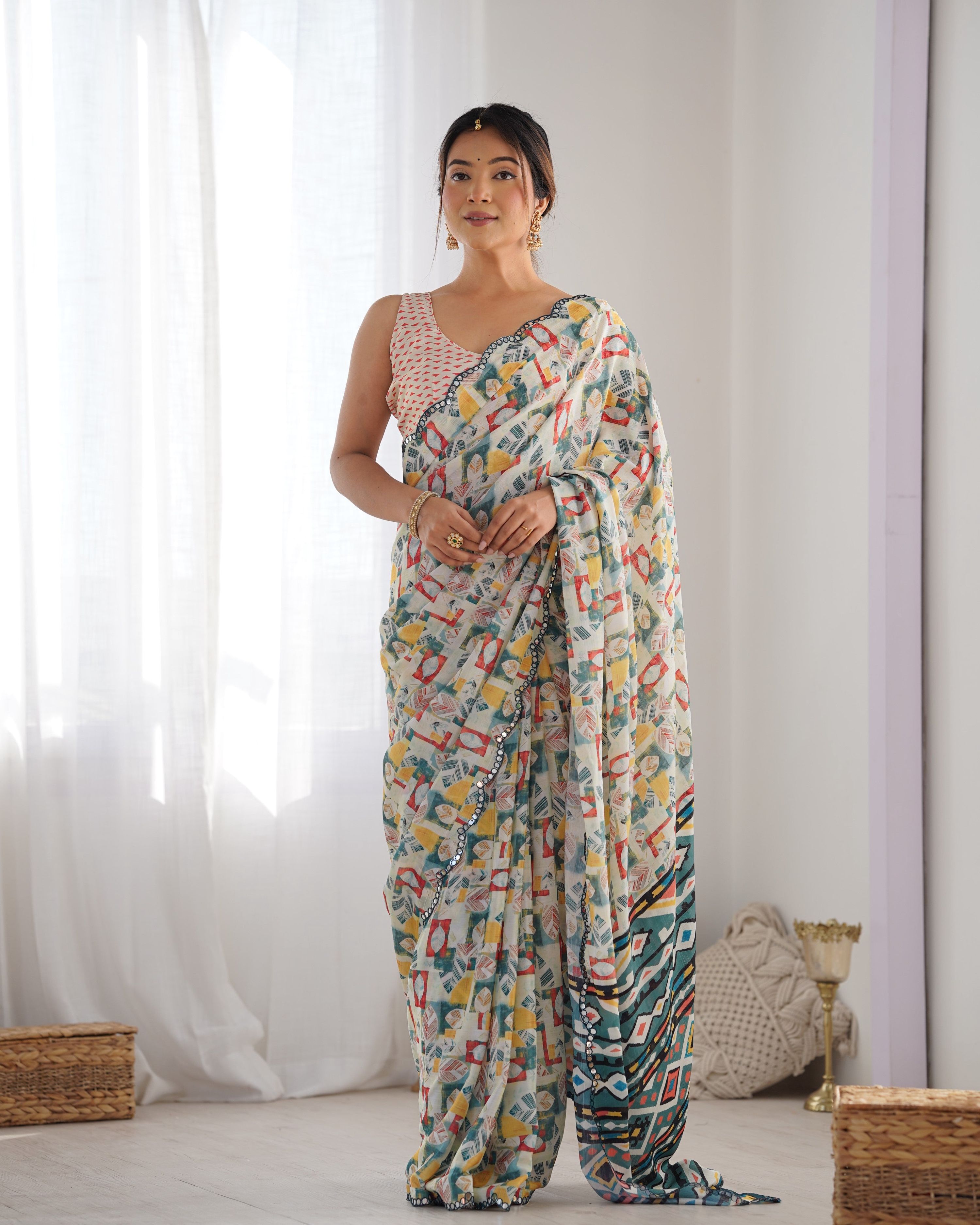 Jyoti Fashion Women's Multicolor Chinon Print with Mirror Work Designer Saree with Blouse