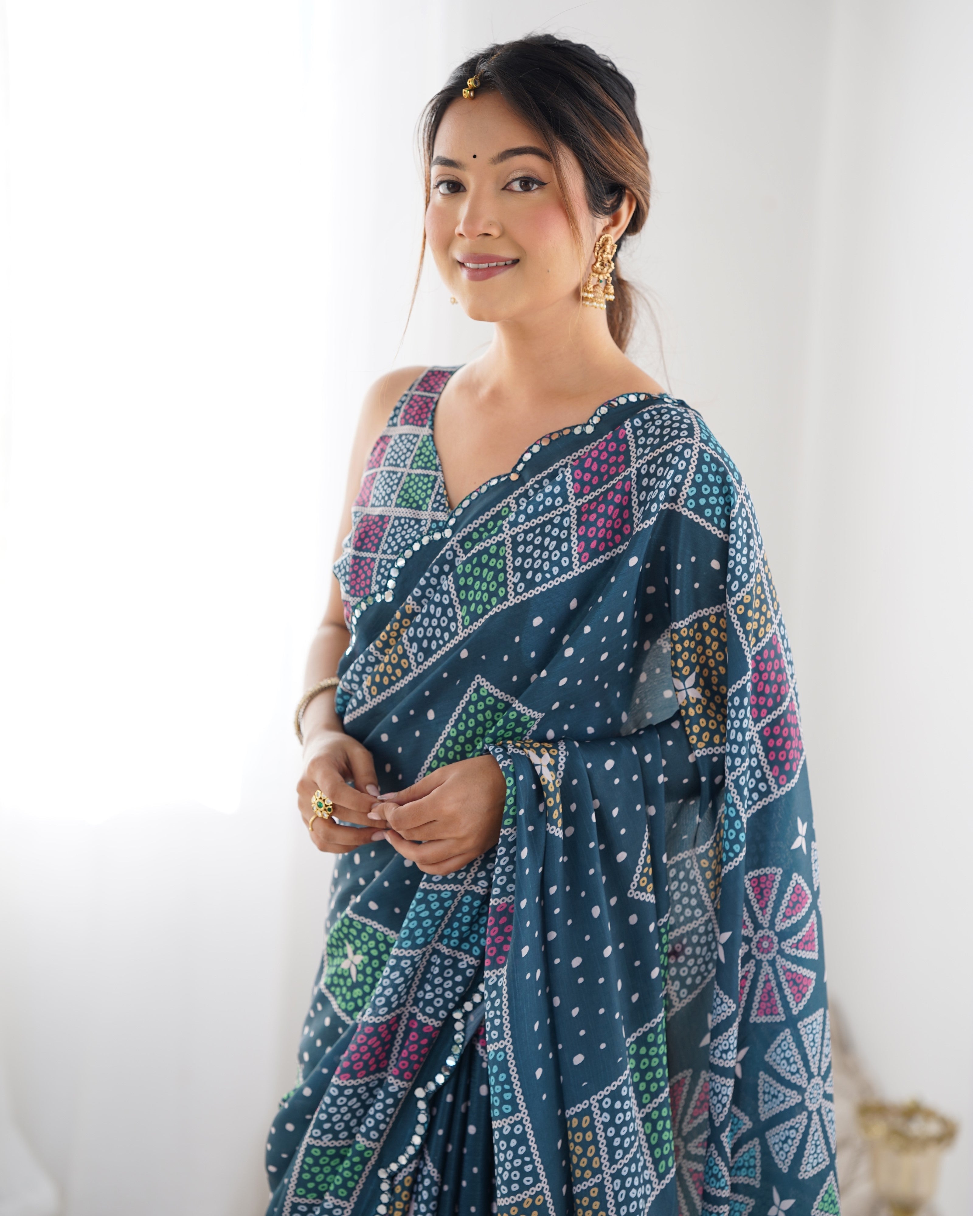 Jyoti Fashion Women's Multicolor Chinon Print with Mirror Work Designer Saree with Blouse