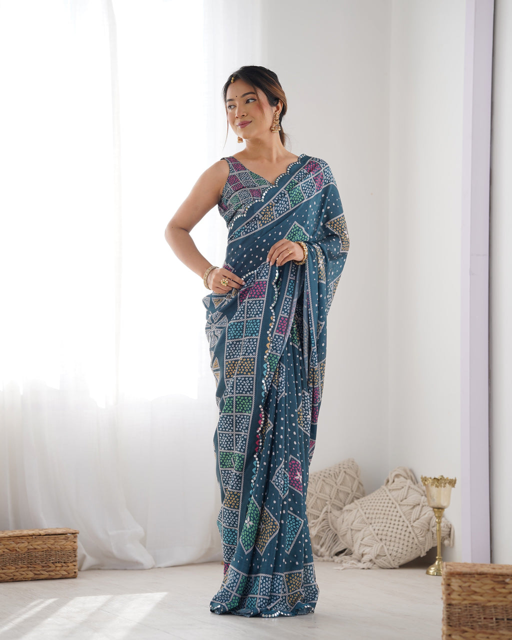 Jyoti Fashion Women's Multicolor Chinon Print with Mirror Work Designer Saree with Blouse