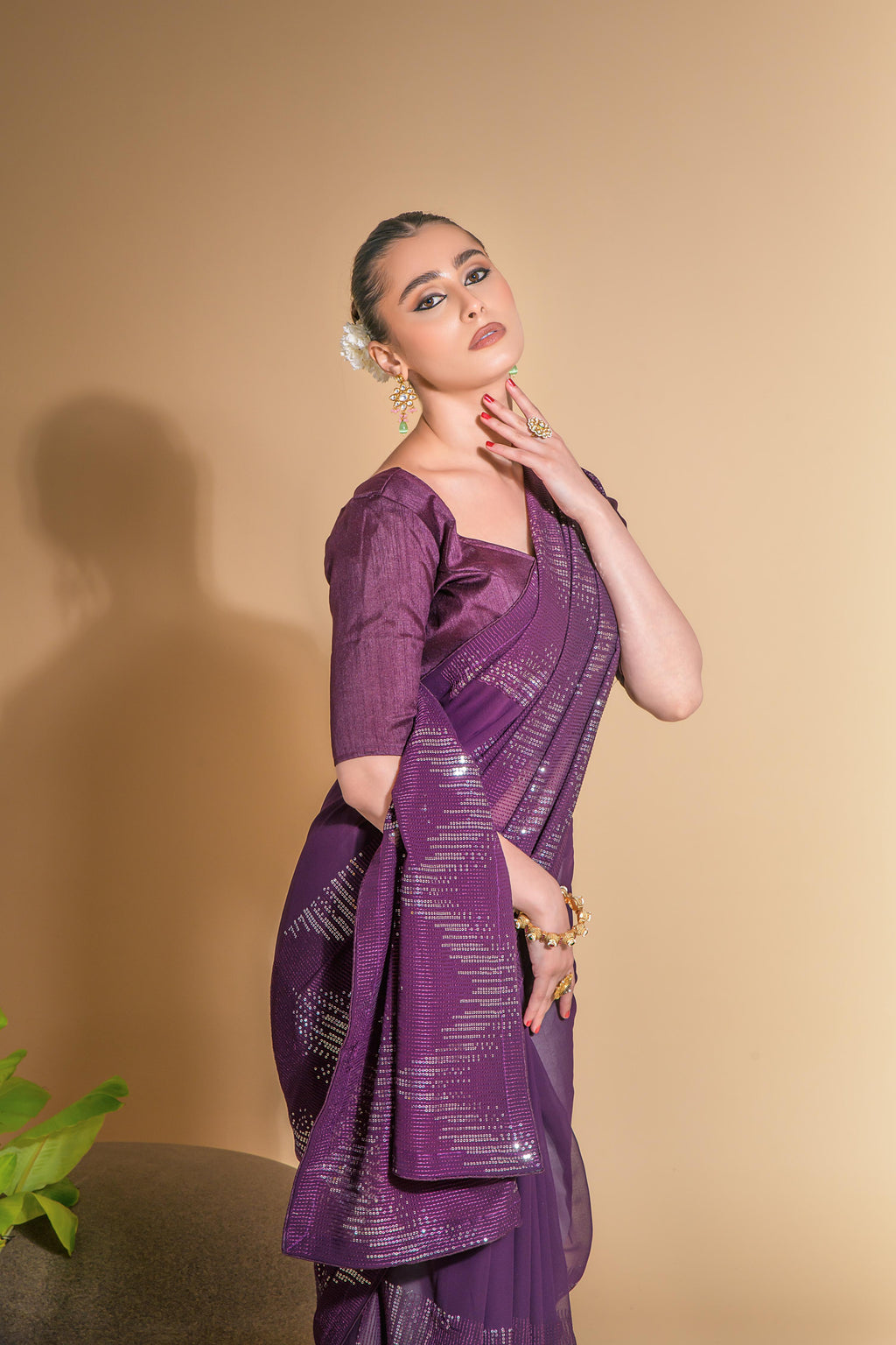 Wine Georgette Sequins Embroidered Designer Saree with Blouse