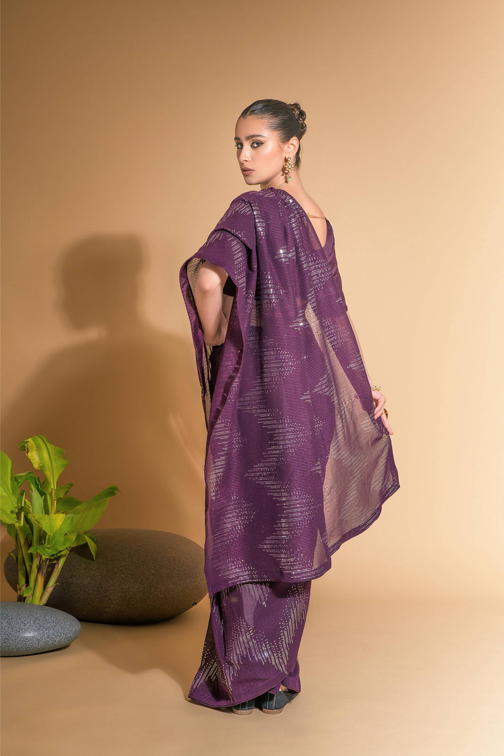 Wine Georgette Sequins Embroidered Designer Saree with Blouse
