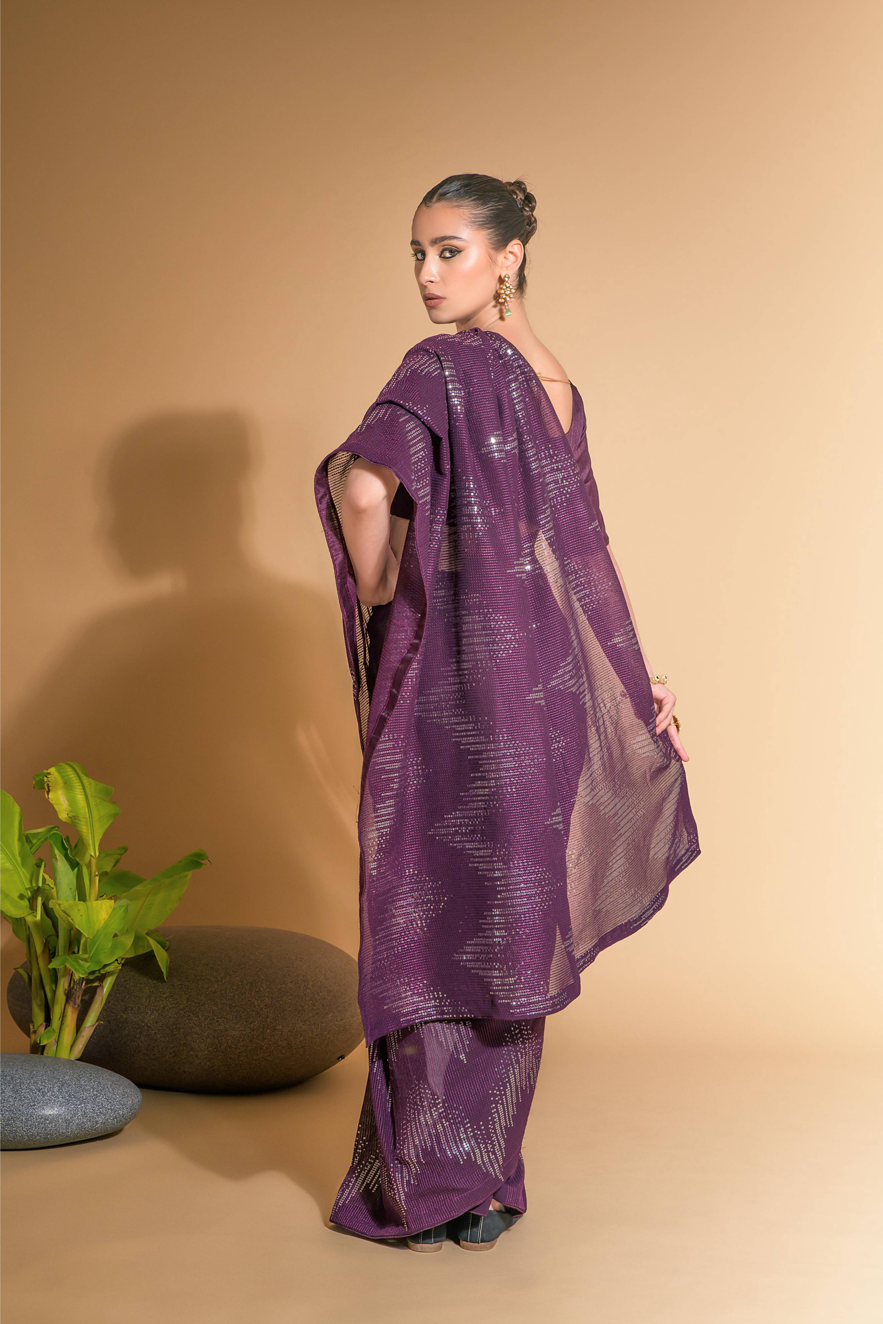 Wine Georgette Sequins Embroidered Designer Saree with Blouse