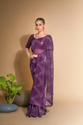 Wine colored georgette designer saree with sequins and unstitched blouse piece