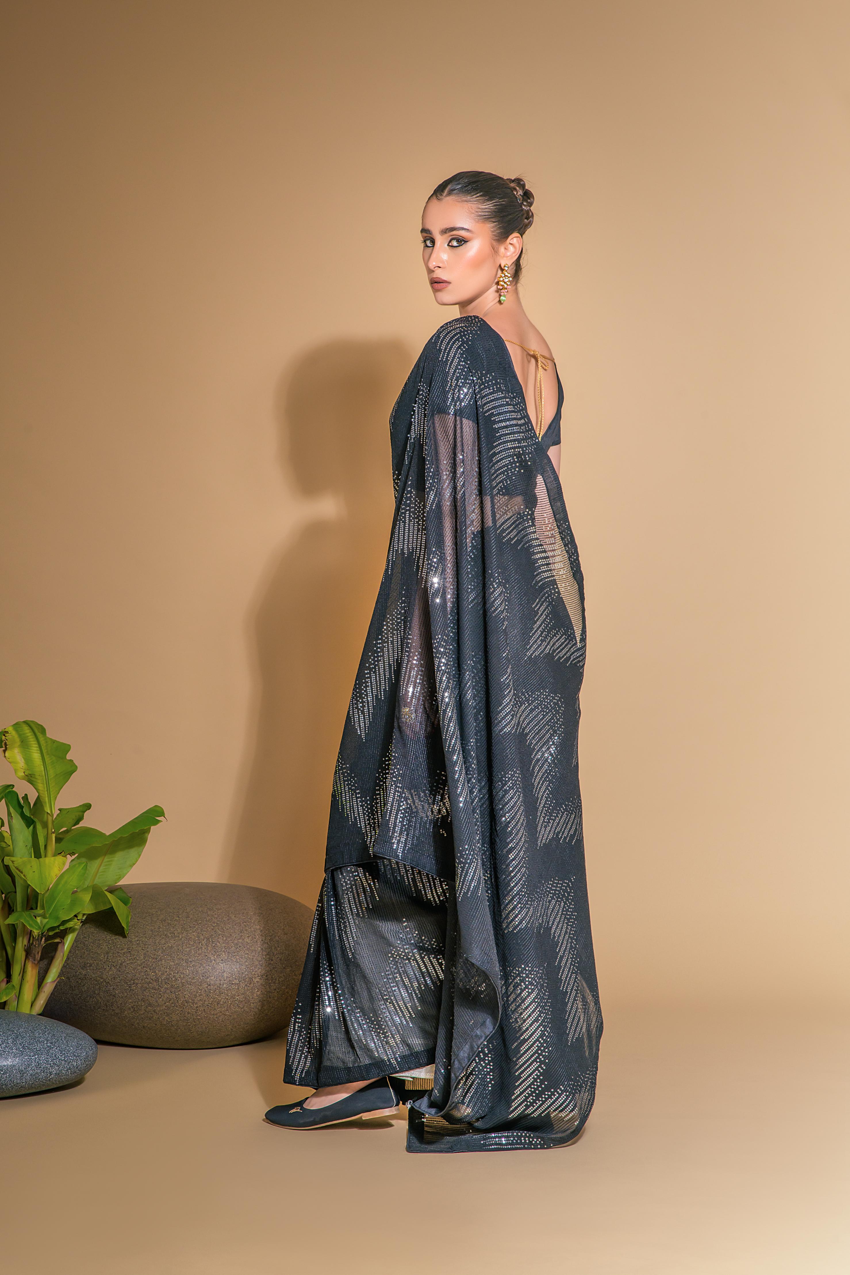 Black Georgette Sequins Embroidered Designer Saree with Blouse