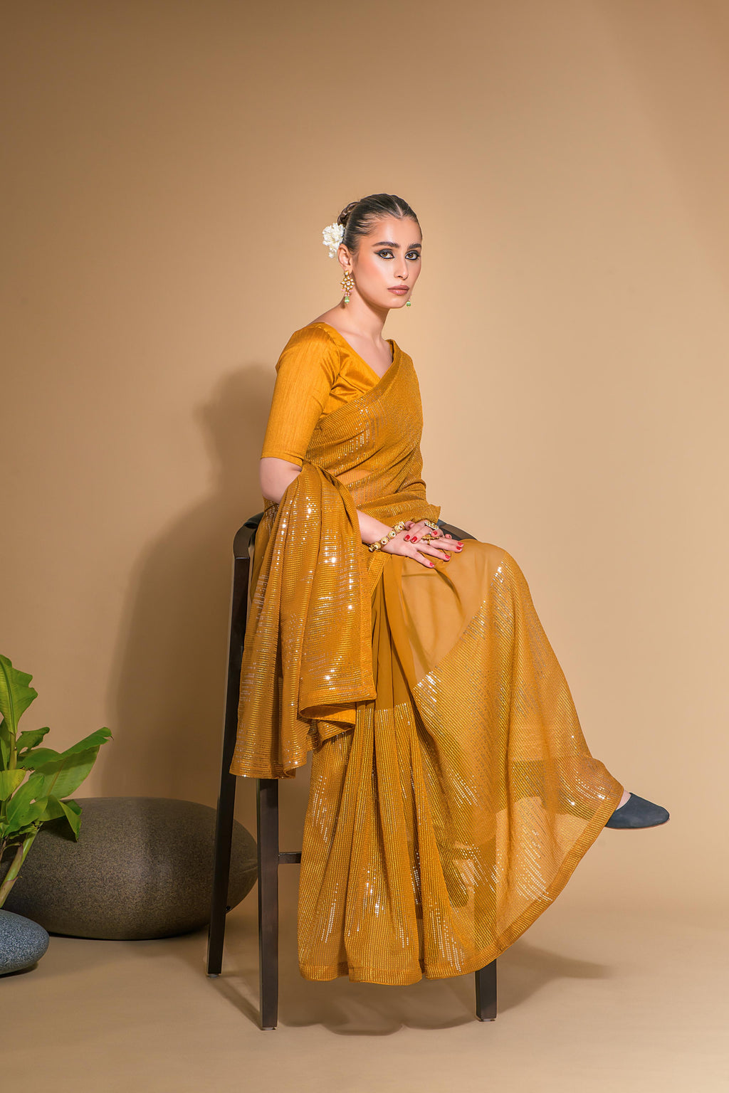 Jyoti Fashion Women's Mustard Georgette Sequins Embroidered Designer Saree with Blouse