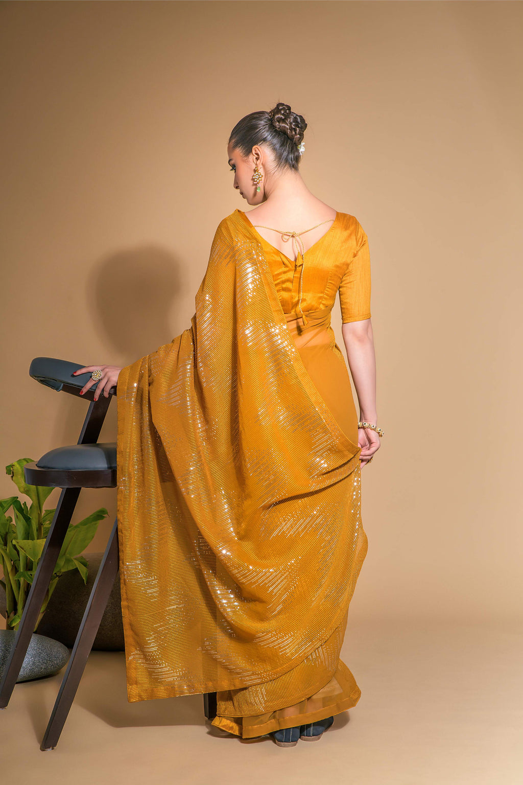 Jyoti Fashion Women's Mustard Georgette Sequins Embroidered Designer Saree with Blouse