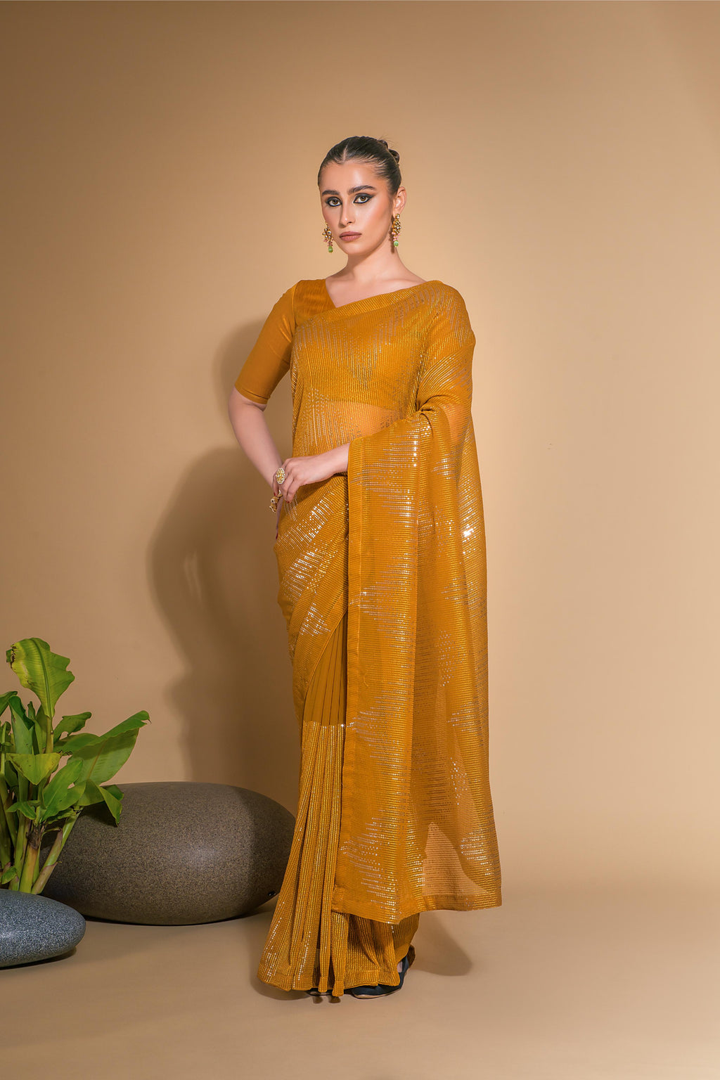 Jyoti Fashion Women's Mustard Georgette Sequins Embroidered Designer Saree with Blouse