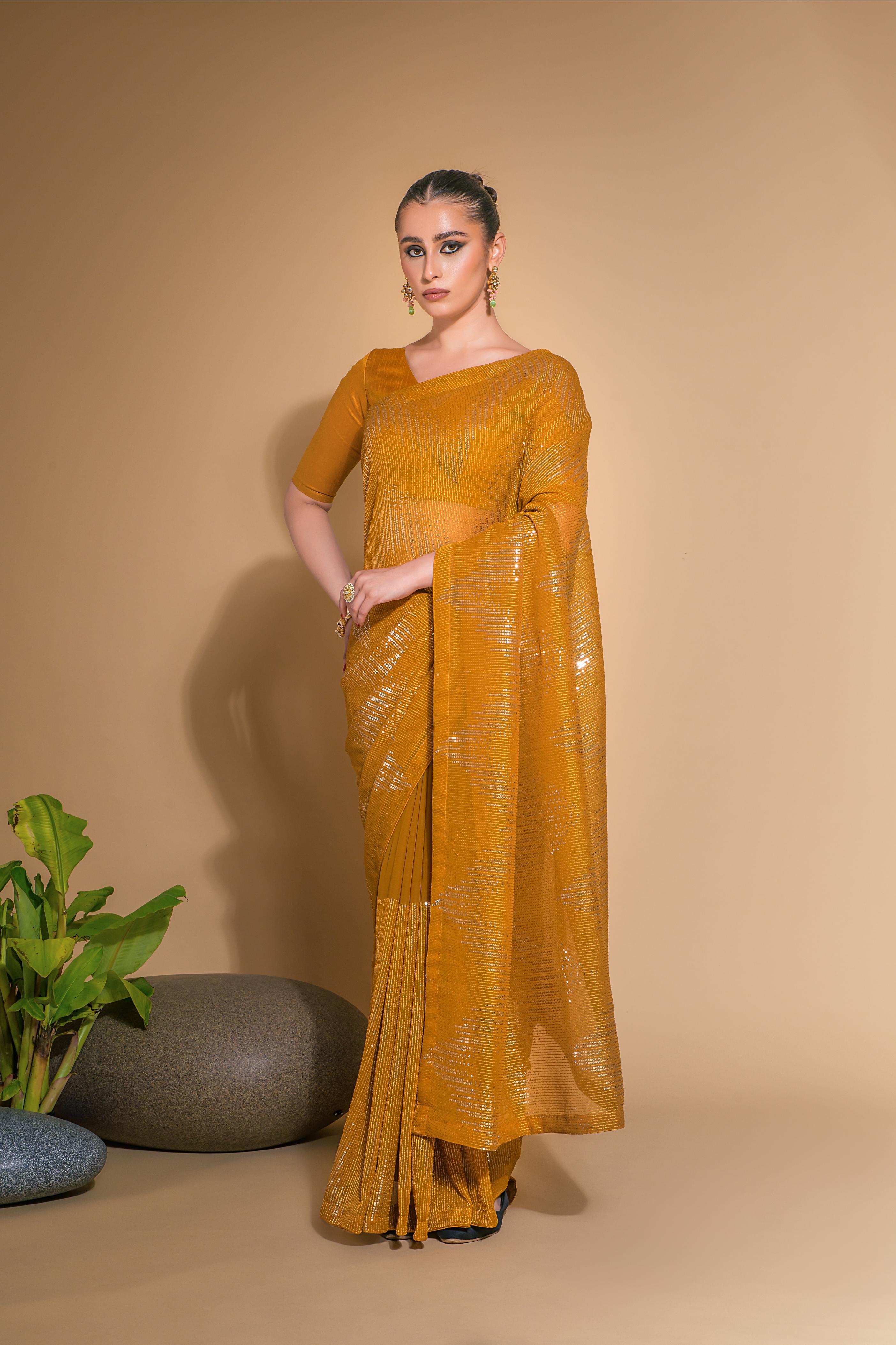 Jyoti Fashion Women's Mustard Georgette Sequins Embroidered Designer Saree with Blouse