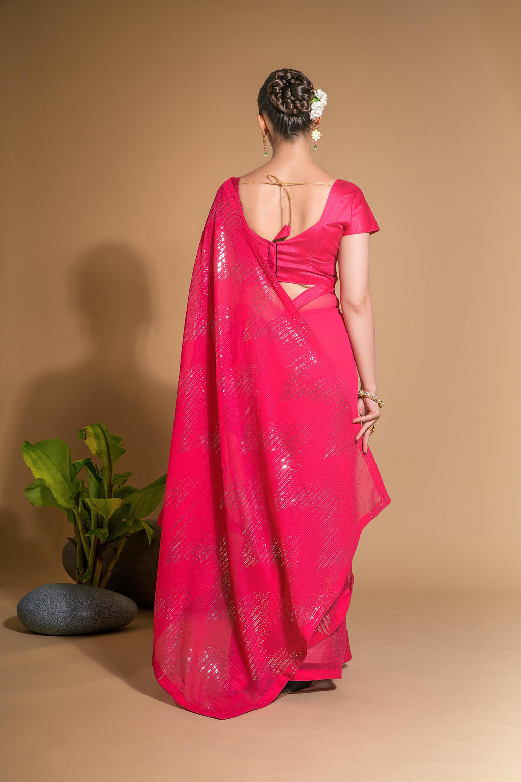 Women's Pink Georgette Sequins Embroidered Saree with Blouse