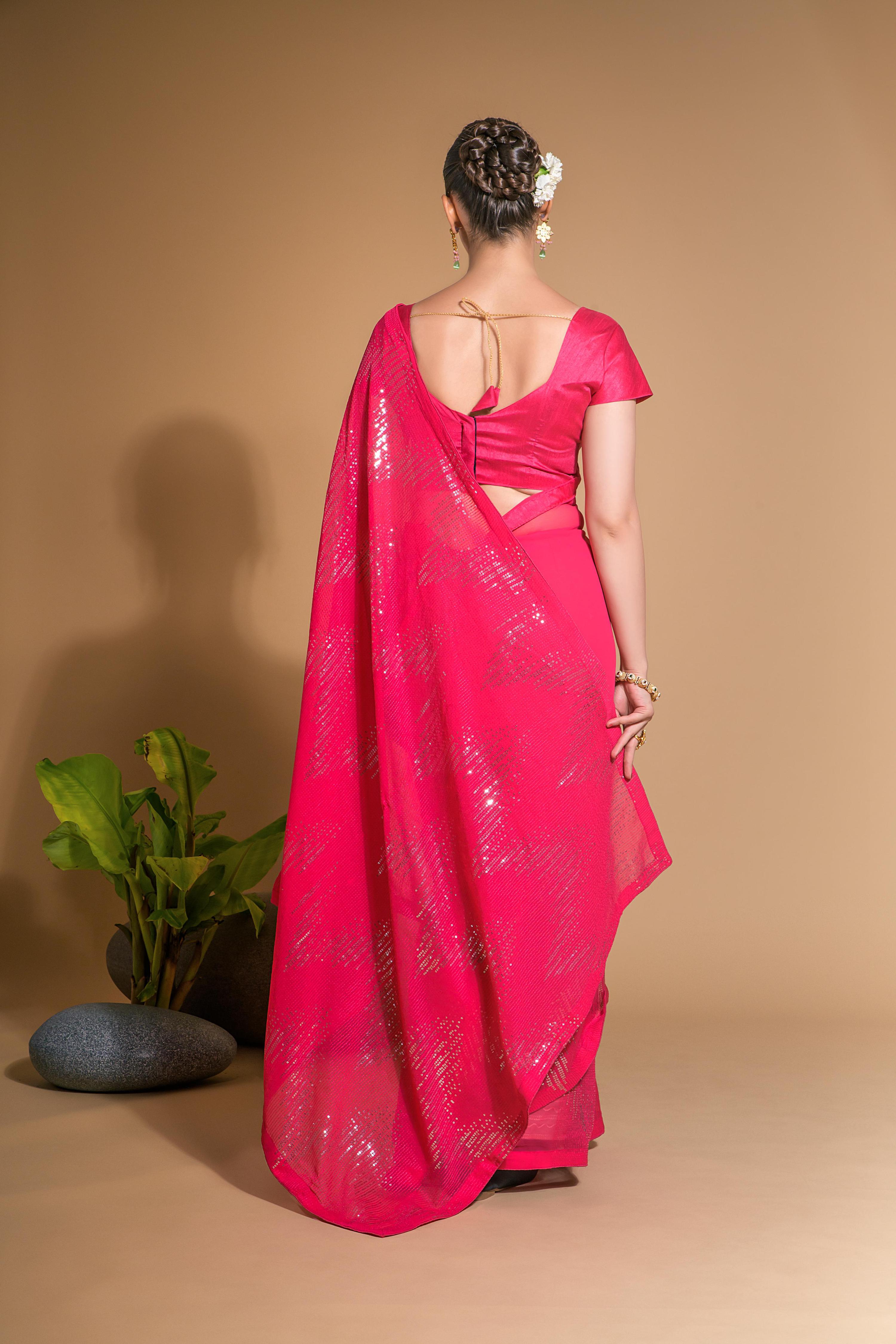 Women's Pink Georgette Sequins Embroidered Saree with Blouse
