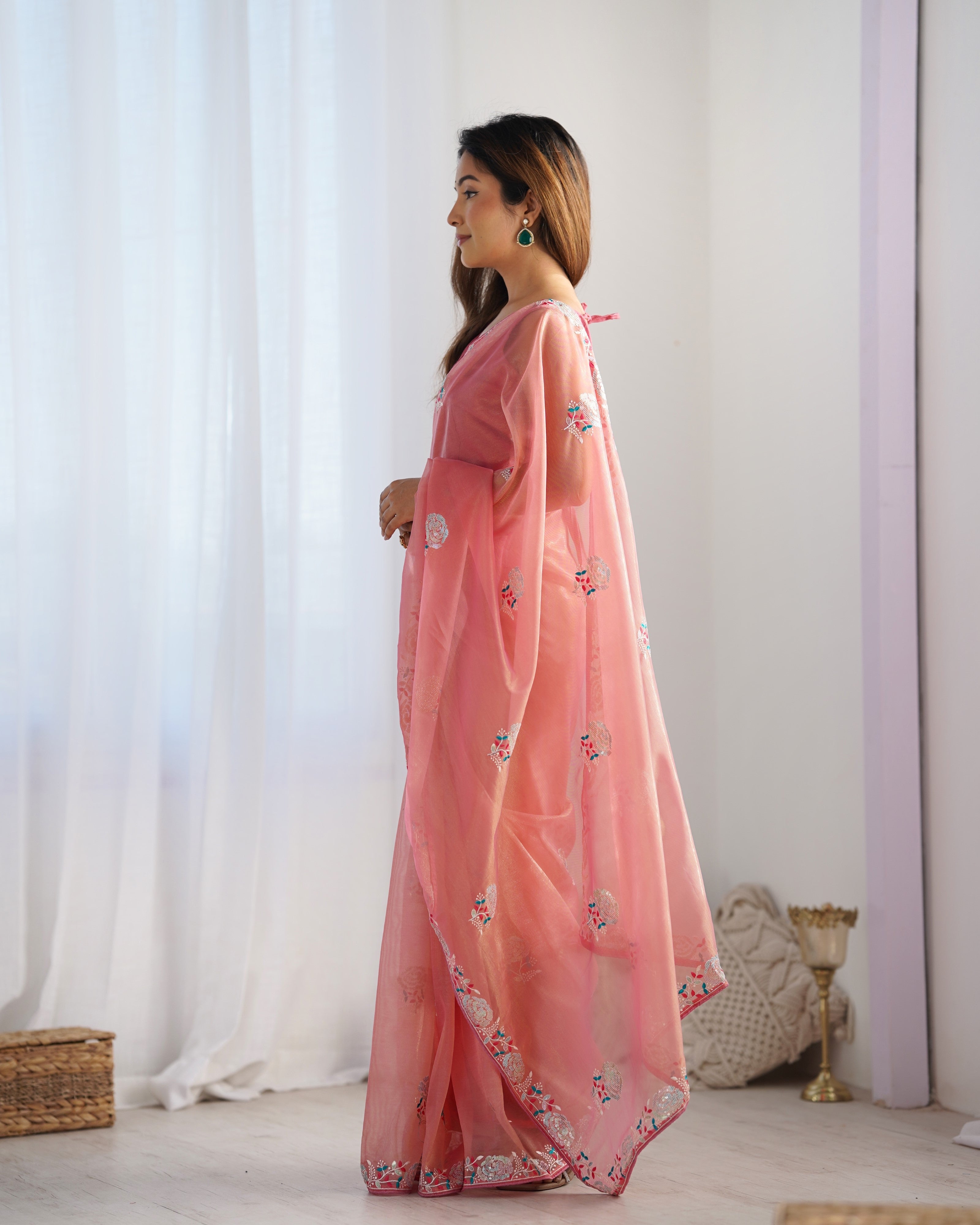 Peach Net Sequins Embroidered Designer Saree with Blouse