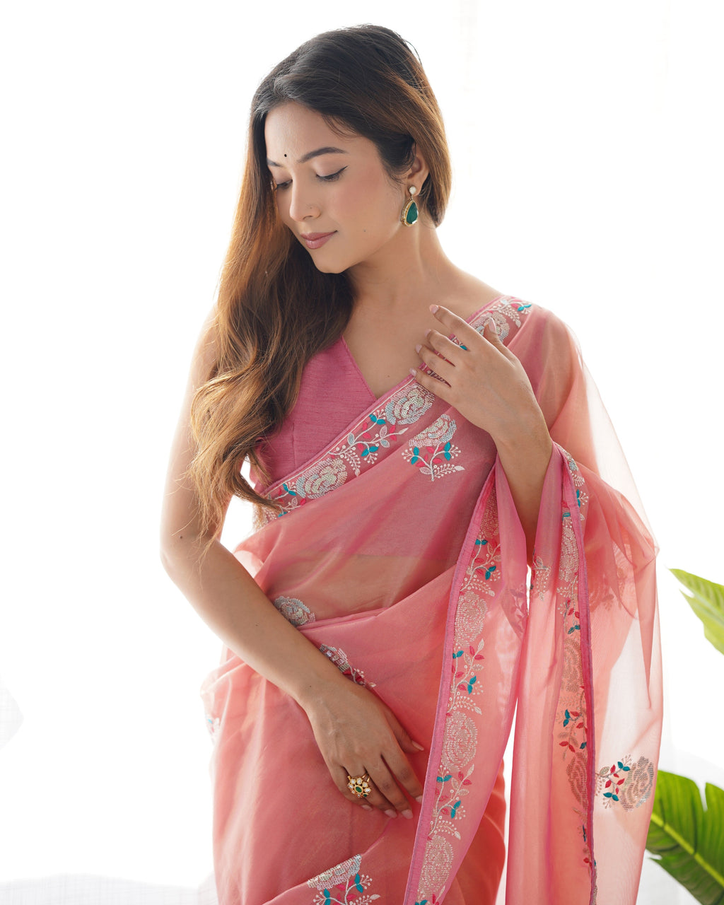 Peach Net Sequins Embroidered Designer Saree with Blouse