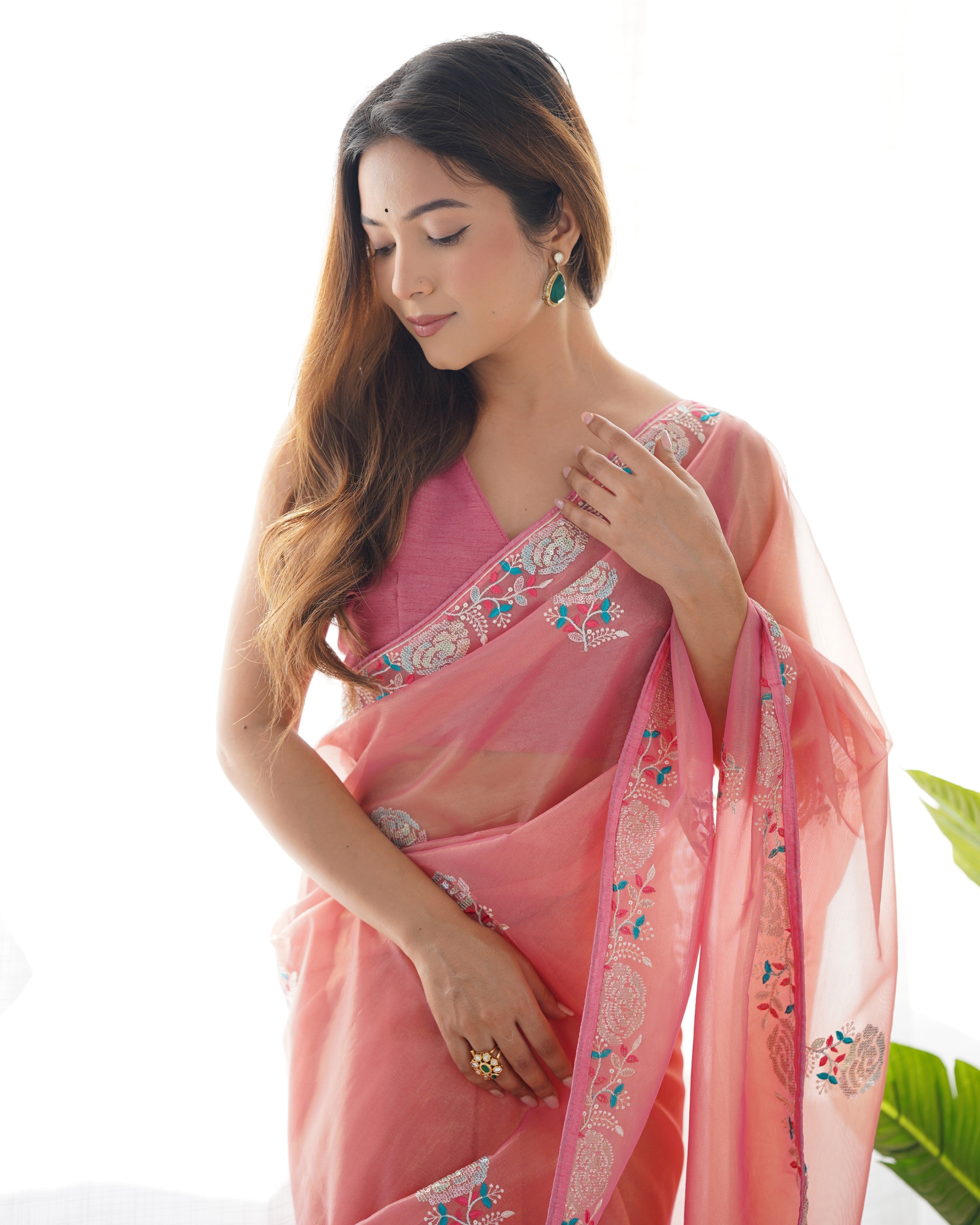 Peach Net Sequins Embroidered Designer Saree with Blouse