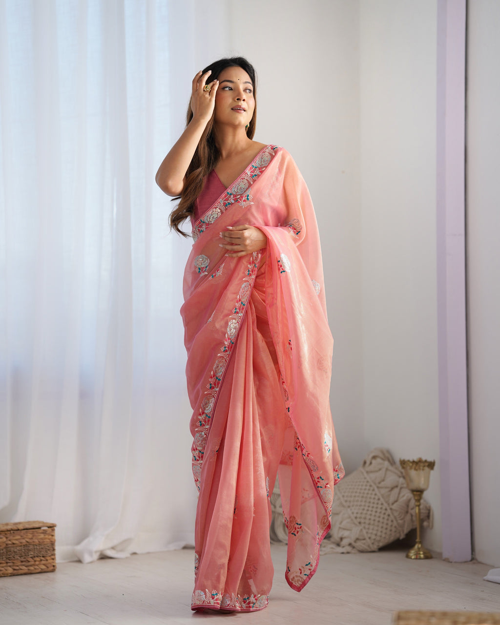 Peach net designer saree with sequins embroidery and unstitched Banglory silk blouse