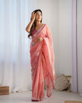 Peach net designer saree with sequins embroidery and unstitched Banglory silk blouse