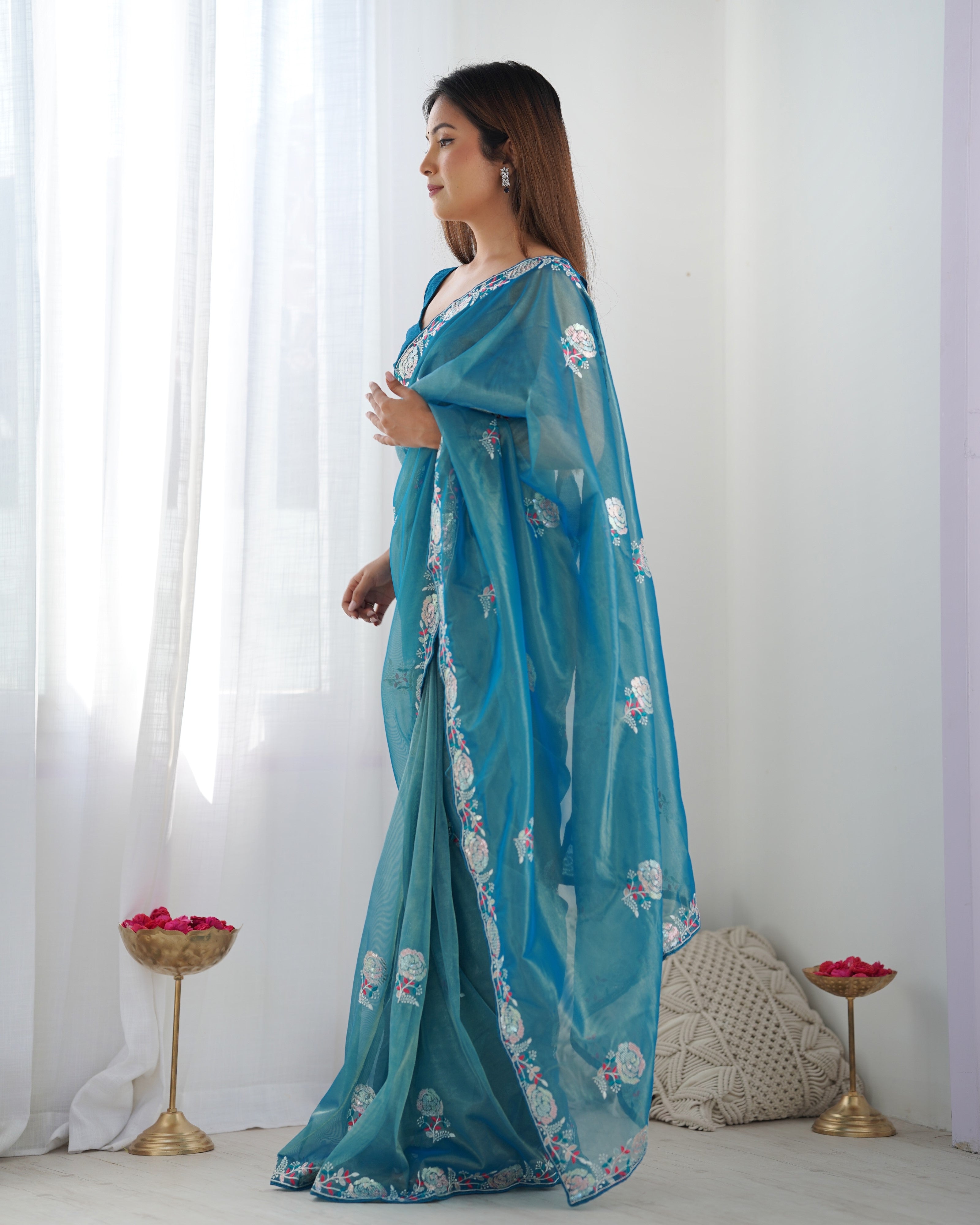 Jyoti Fashion Women's Blue Net Sequins Embroidered Designer Saree with Blouse