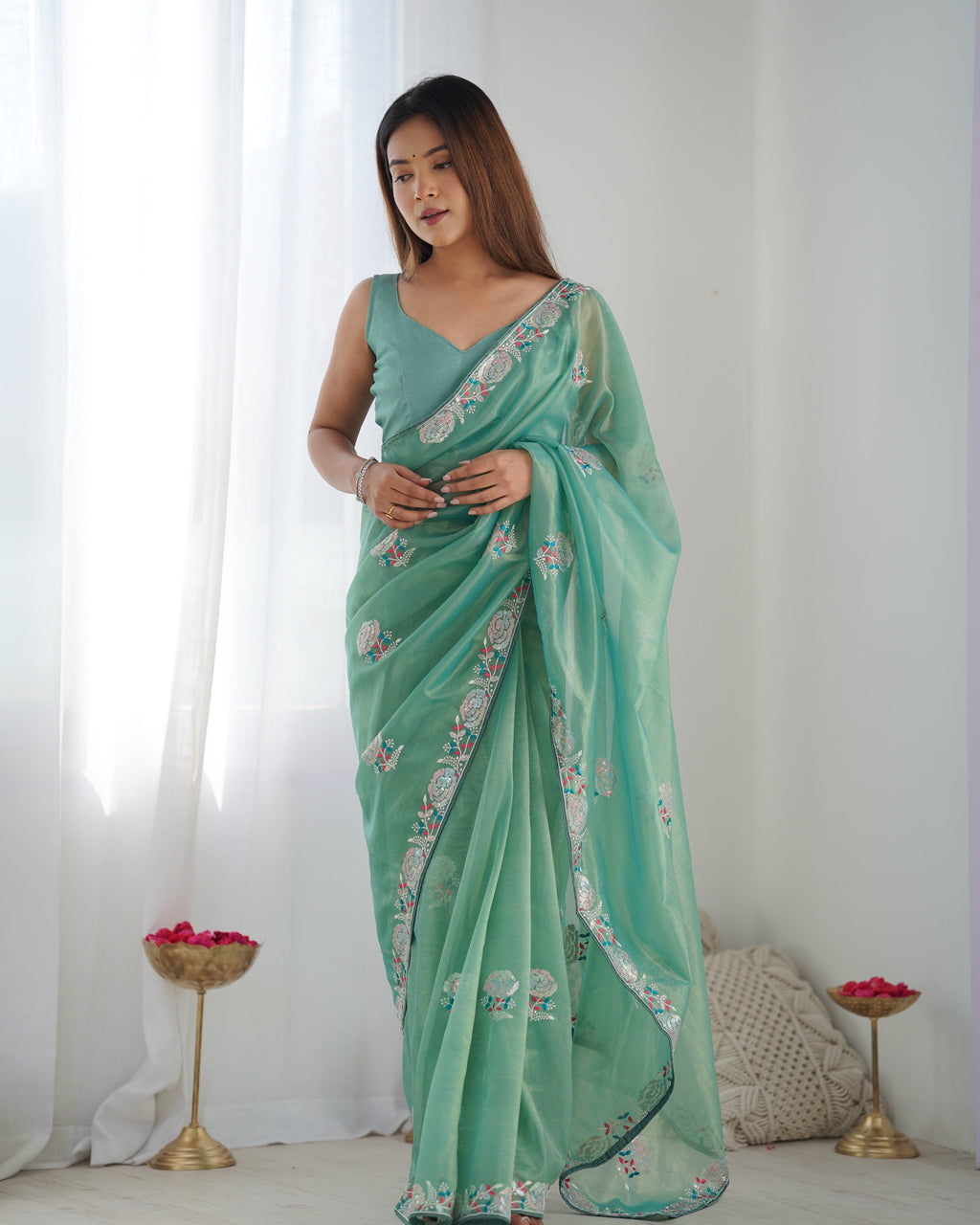 Jyoti Fashion Women's Sea Green Net Sequins Embroidered Designer Saree with Blouse