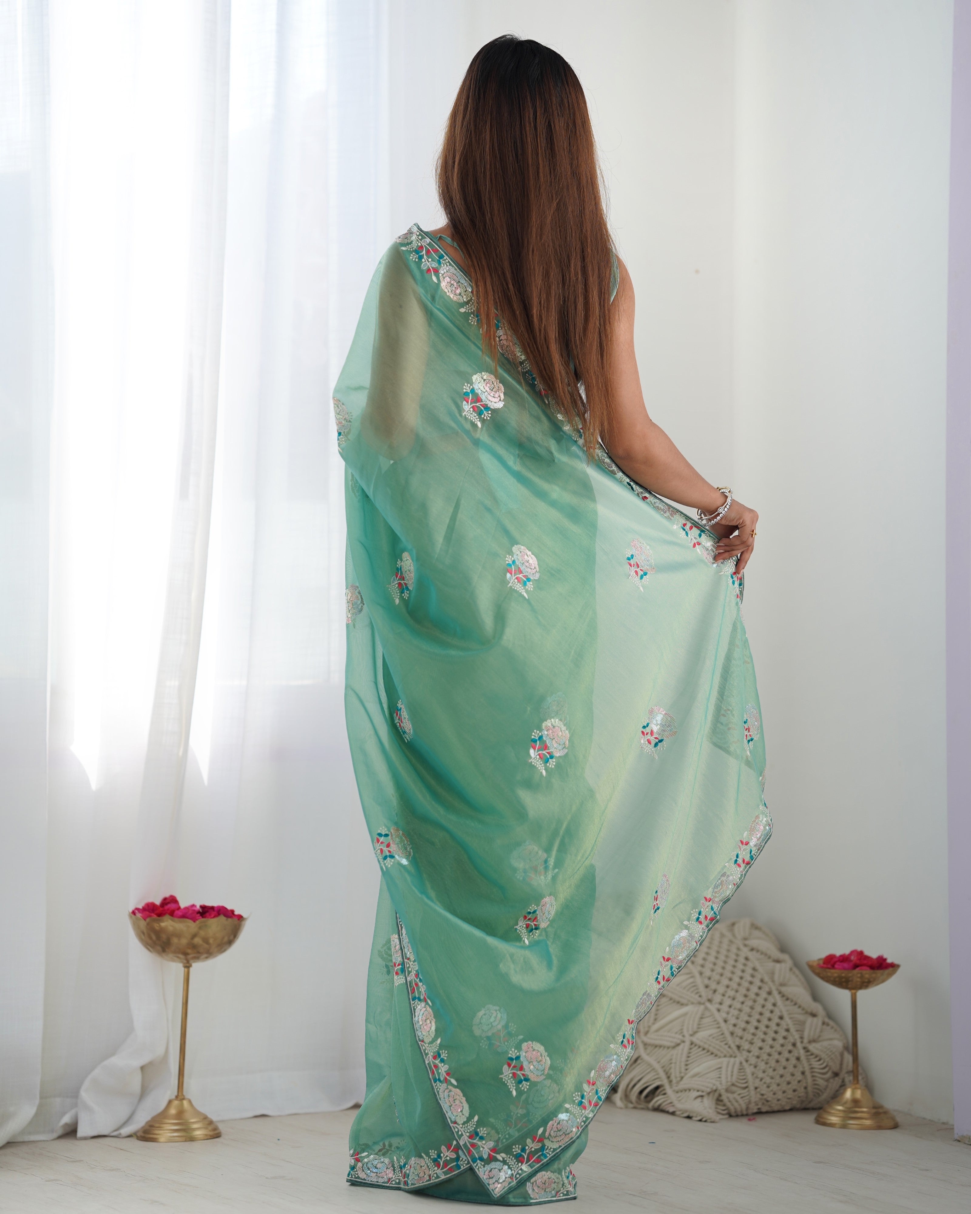 Jyoti Fashion Women's Sea Green Net Sequins Embroidered Designer Saree with Blouse