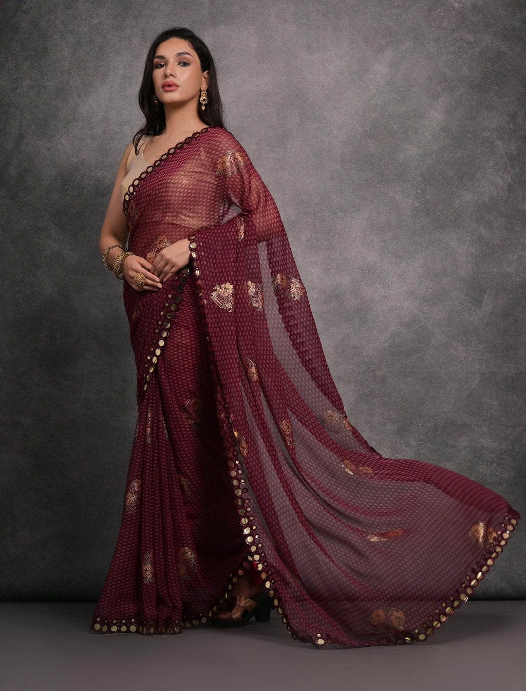 Maroon Chiffon Designer Saree with Elegant Mirror Work