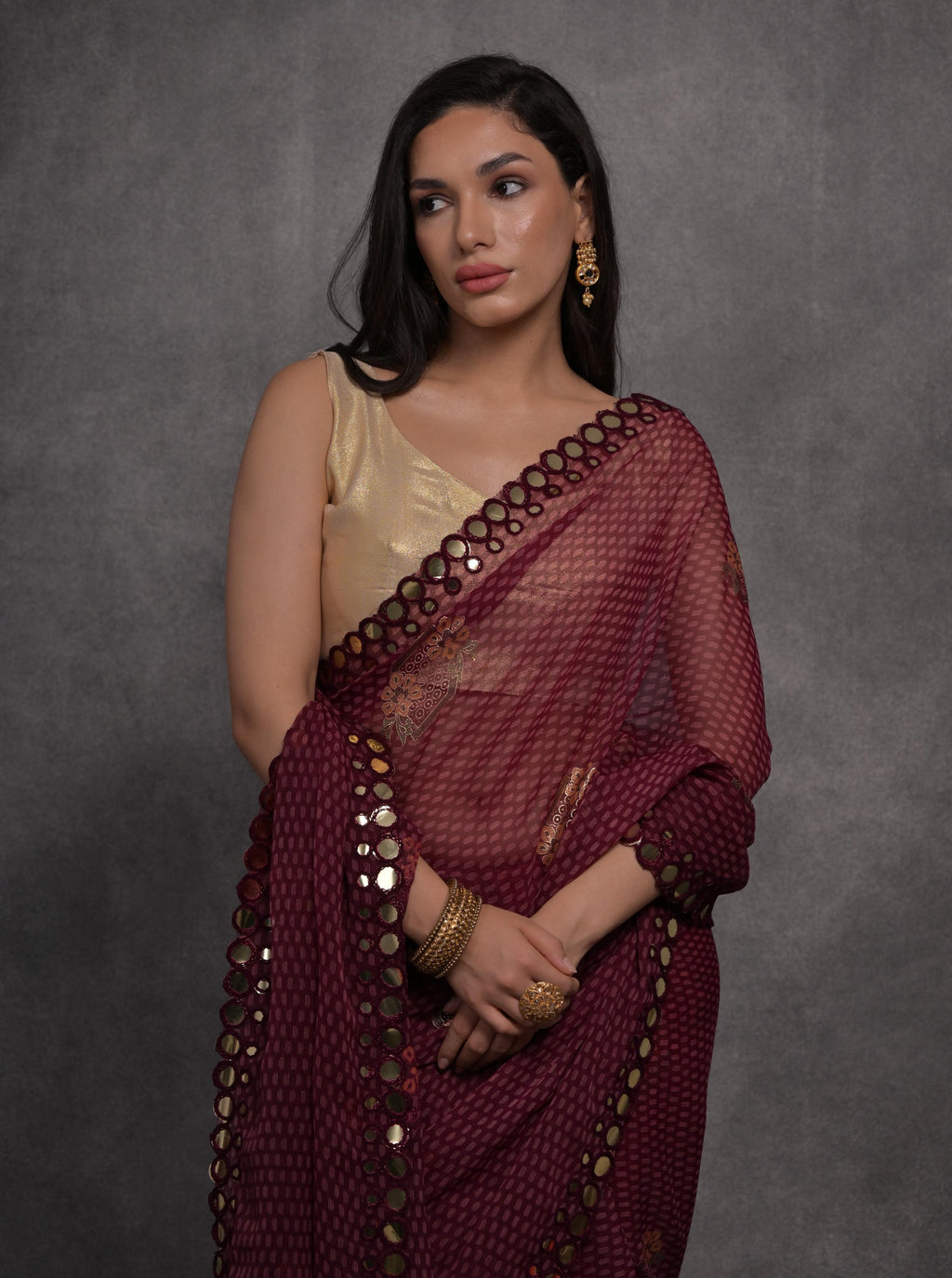 Maroon Chiffon Designer Saree with Elegant Mirror Work