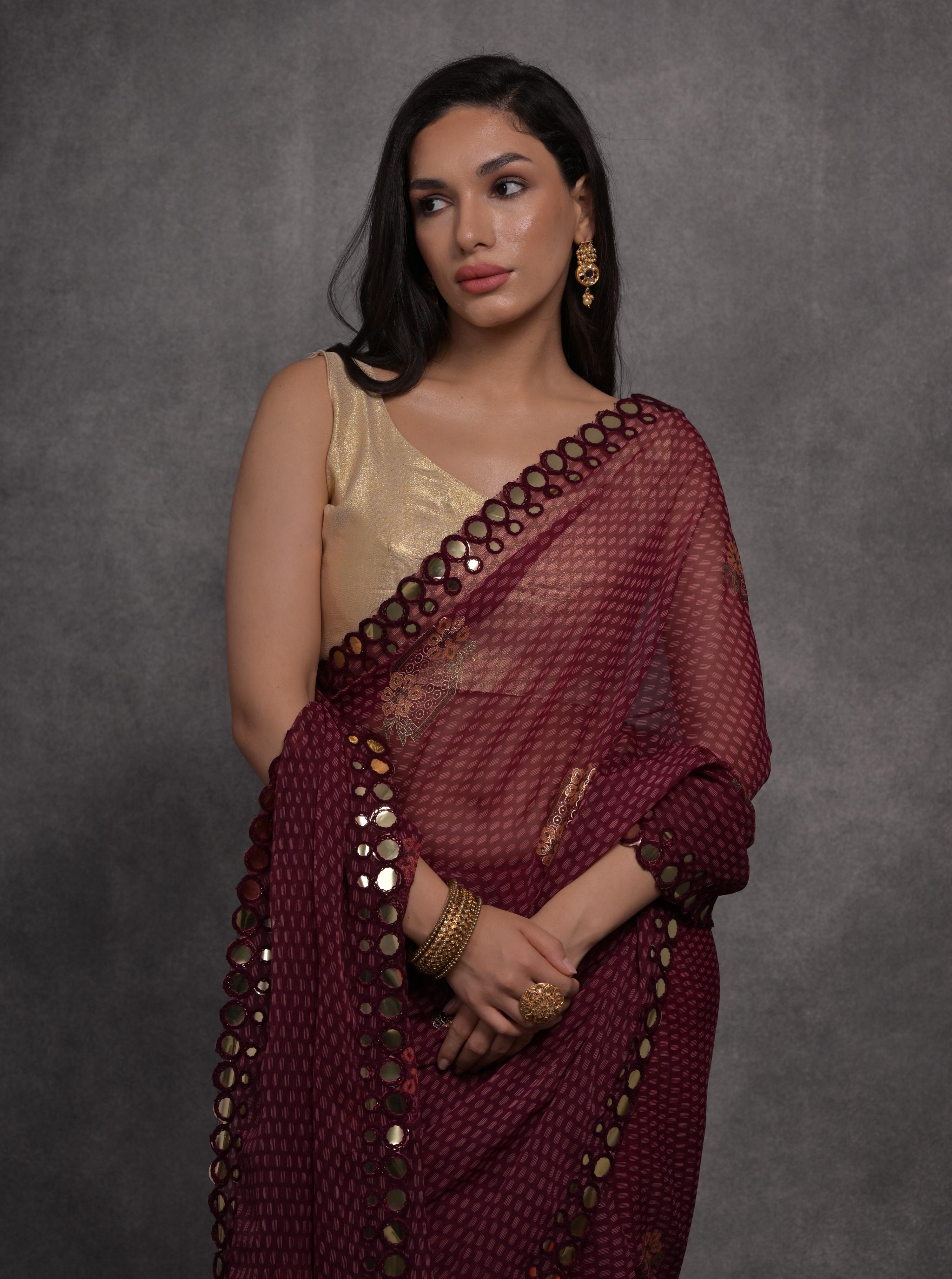 Maroon Chiffon Designer Saree with Elegant Mirror Work