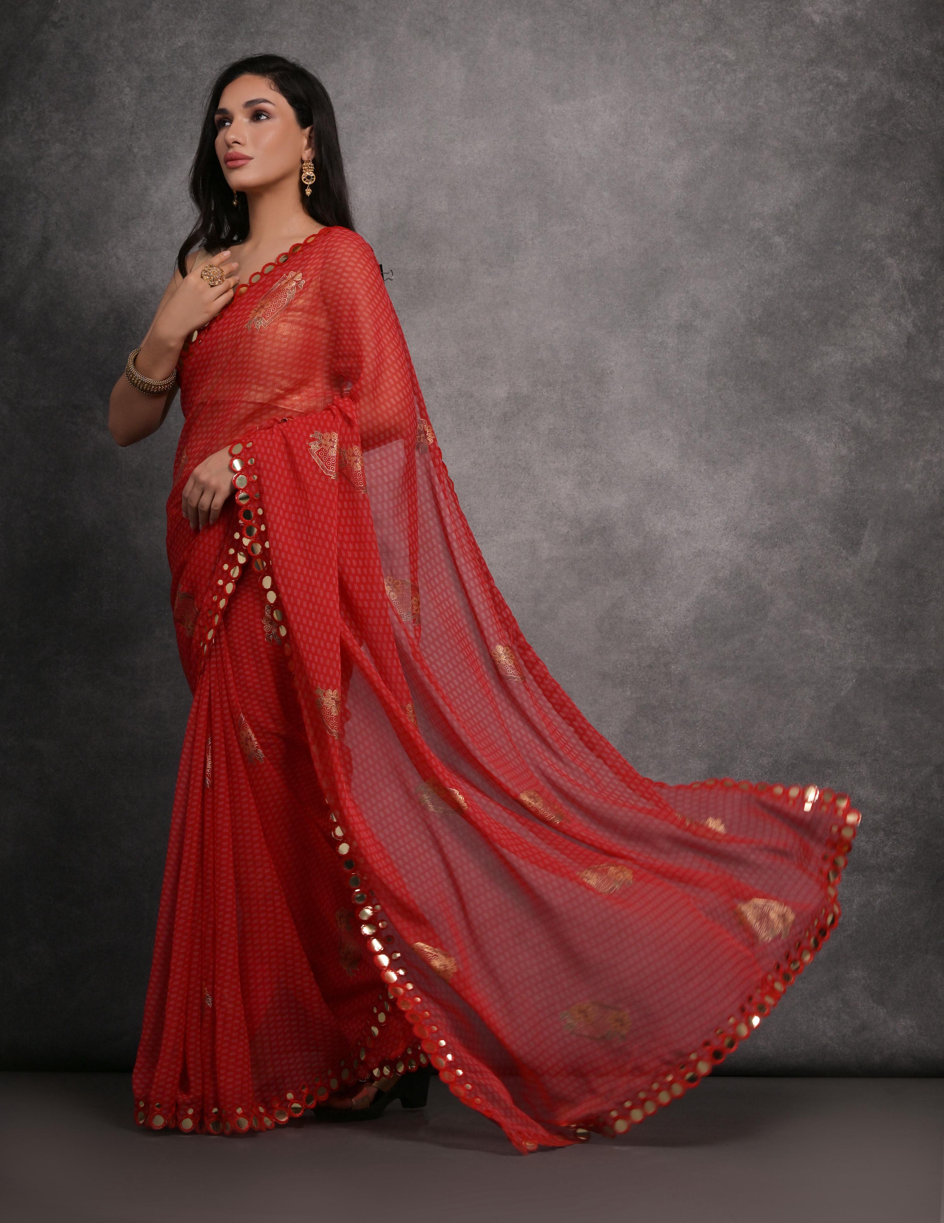 Red Chiffon Mirror Work Designer Saree with Unstitched Blouse